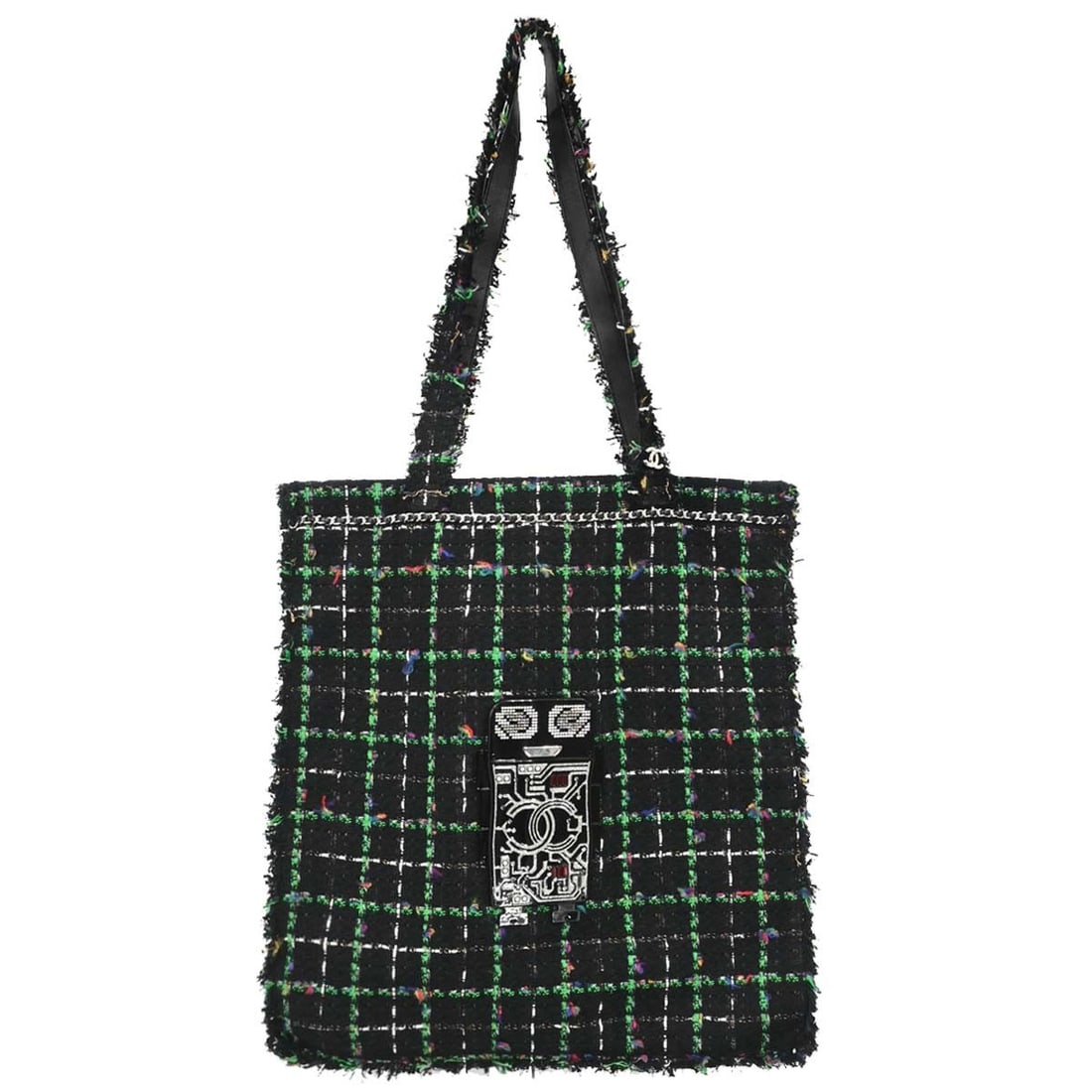 CHANEL black tweed shoulder tote with double handles: CHANEL black tweed shoulder tote with double handles This Chanel tote bag features a distinctive square shape crafted from black tweed with silver-tone hardware. Designed for casual occasions, it offe