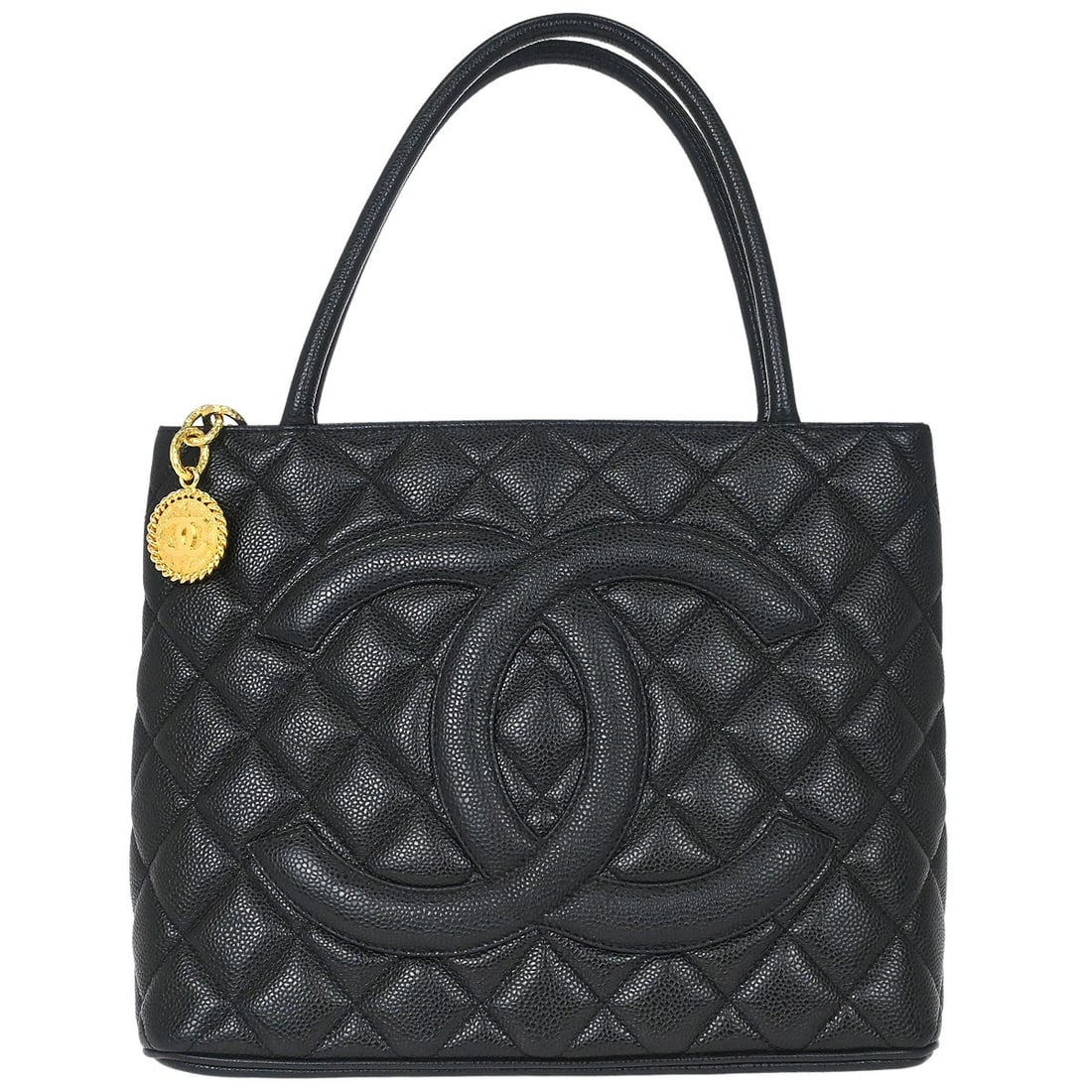 CHANEL Medallion Black Caviar Skin Leather Tote Bag: CHANEL Medallion Black Caviar Skin Leather Tote Bag This Chanel Medallion Tote is crafted from black caviar skin leather with a signature matelasse quilted pattern and a logo accent. The handbag featu