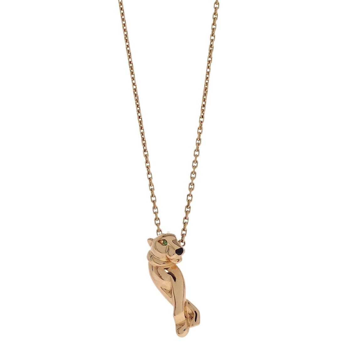 Cartier Panthere Rose Gold Necklace With Tsavorite Garnet Pendant: Cartier Panthere Rose Gold Necklace With Tsavorite Garnet Pendant This Cartier Panthere pendant necklace is crafted from 18k rose gold and features a tsavorite garnet as the main stone. The necklace i