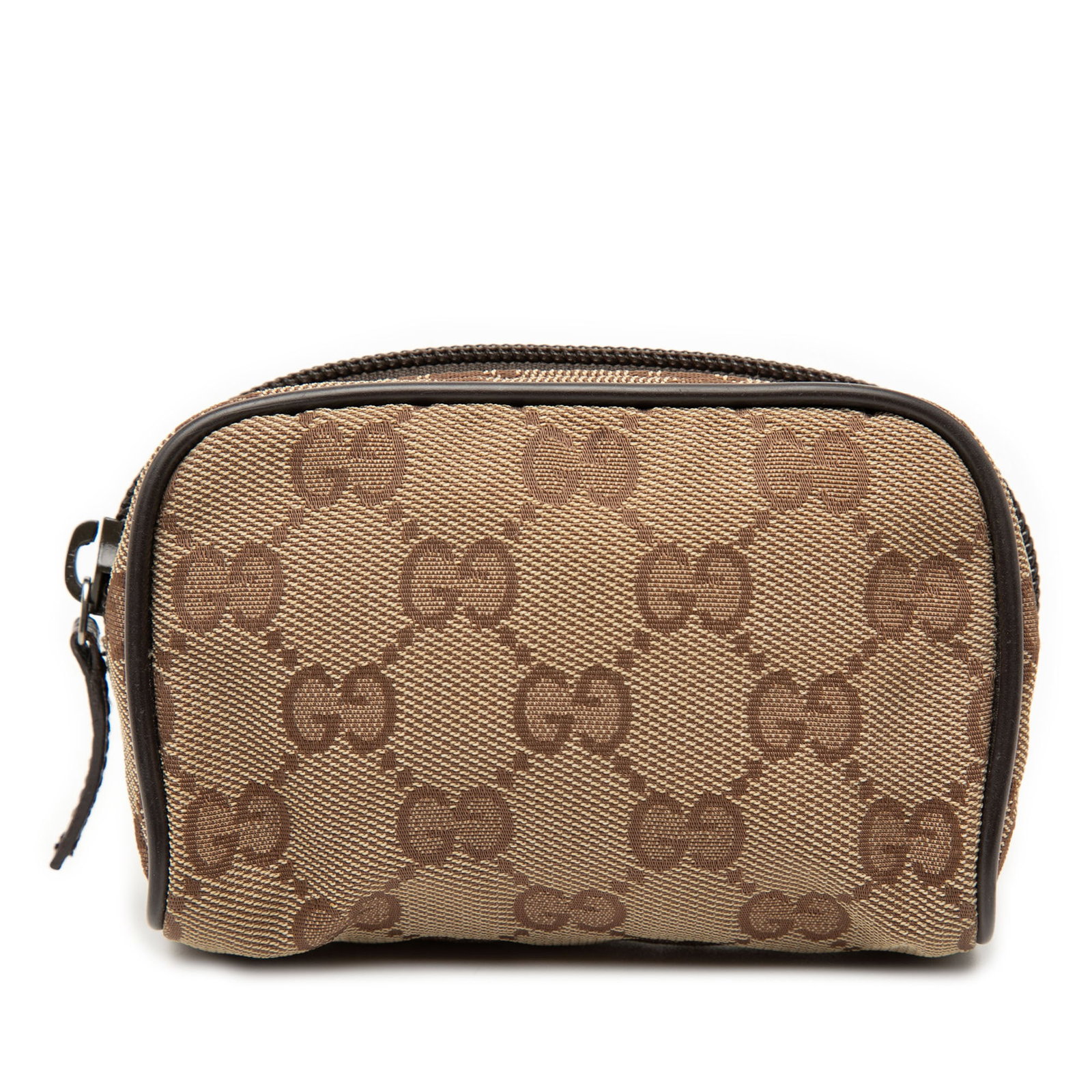Gucci Beige GG Canvas Small Coin Purse with Leather Trim: Gucci Beige GG Canvas Small Coin Purse with Leather Trim This Gucci GG Canvas Coin Pouch features a beige canvas body with leather trim and a top zip closure. The pouch is designed for small leather g