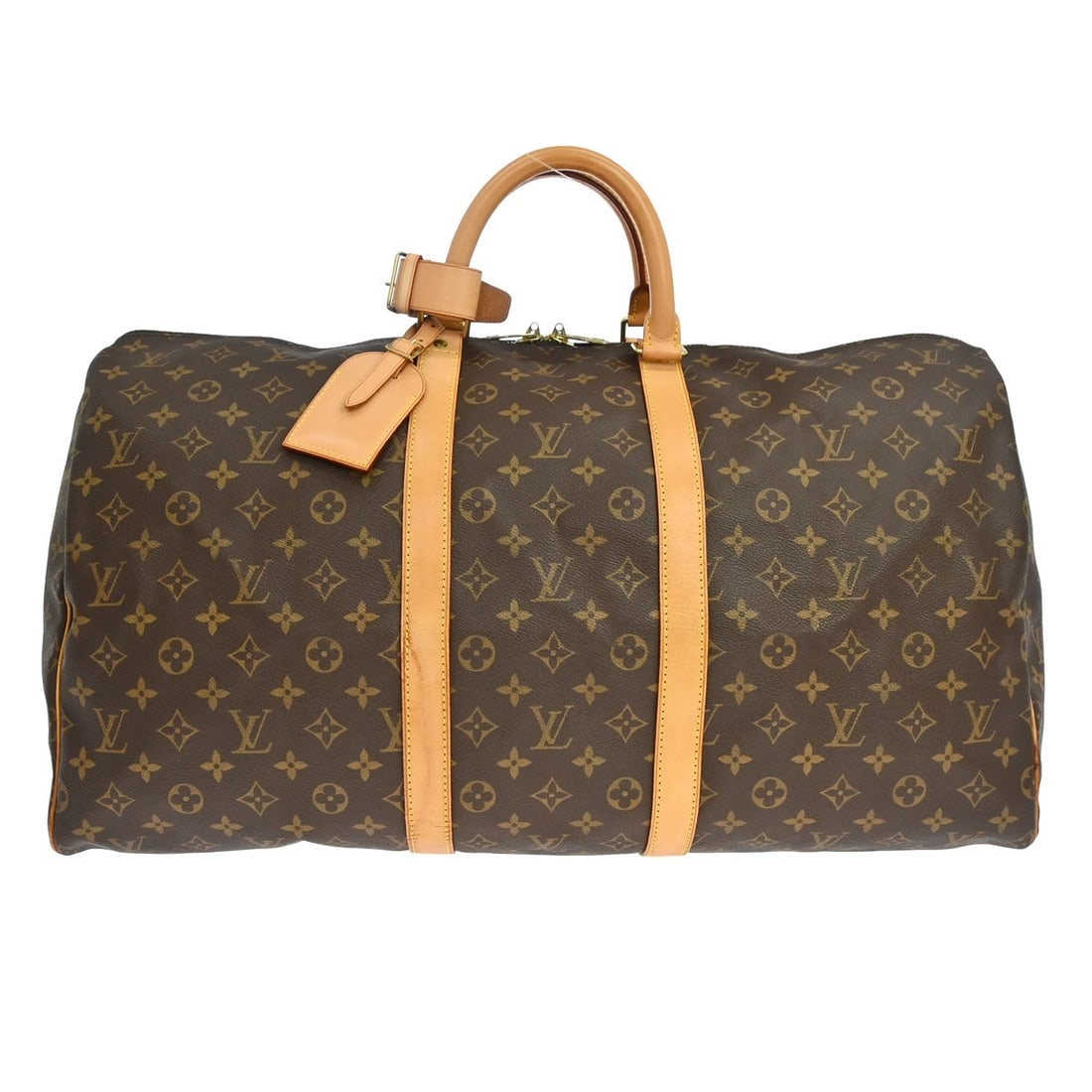 Louis Vuitton Keepall 55 Monogram Duffle Travel Bag: Louis Vuitton Keepall 55 Monogram Duffle Travel Bag This Louis Vuitton Keepall 55 travel handbag features the iconic monogram canvas with leather trim and double beige leather handles. Designed in an 