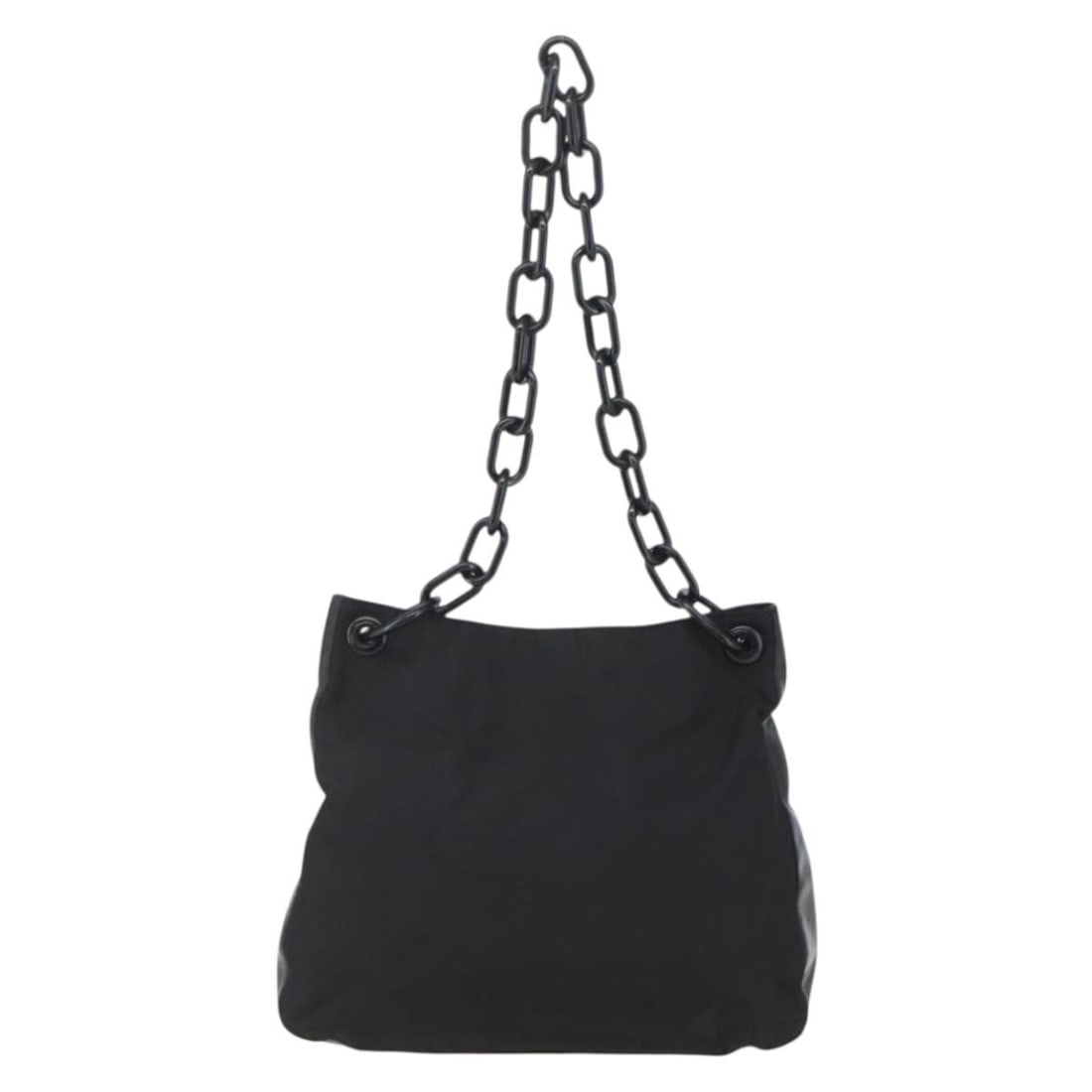 Black Nylon Shoulder Bag by Prada with Chain Strap: Black Nylon Shoulder Bag by Prada with Chain Strap This pre-owned Prada Chain Shoulder Bag for women features a black nylon body with leather and metal fittings. It measures 32cm x 26cm x 9cm and was 