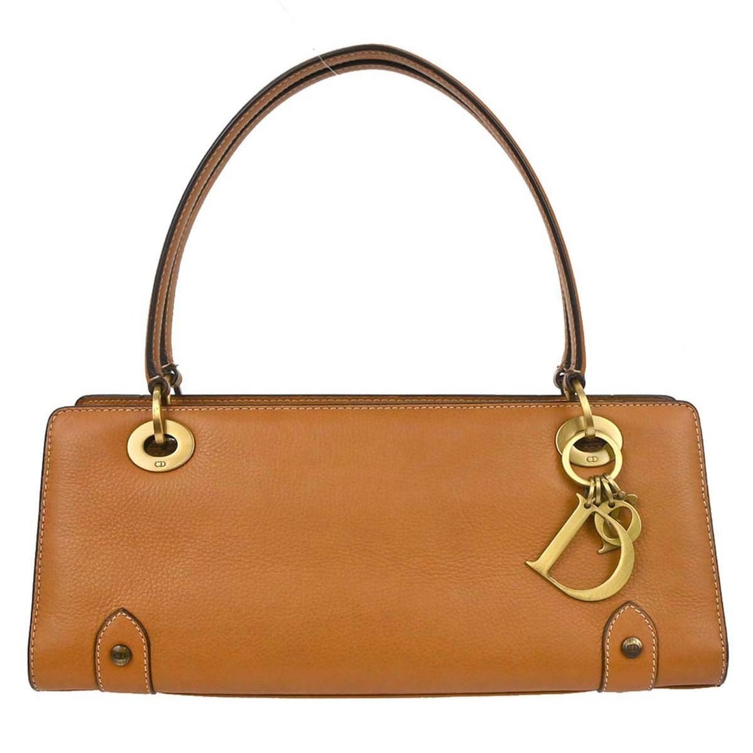 Dior brown leather top handle bag zip closure: Dior brown leather top handle bag zip closure This Christian Dior brown leather handbag features a classic top handle design with double handles and a zip closure. The medium-sized bag is accented wit
