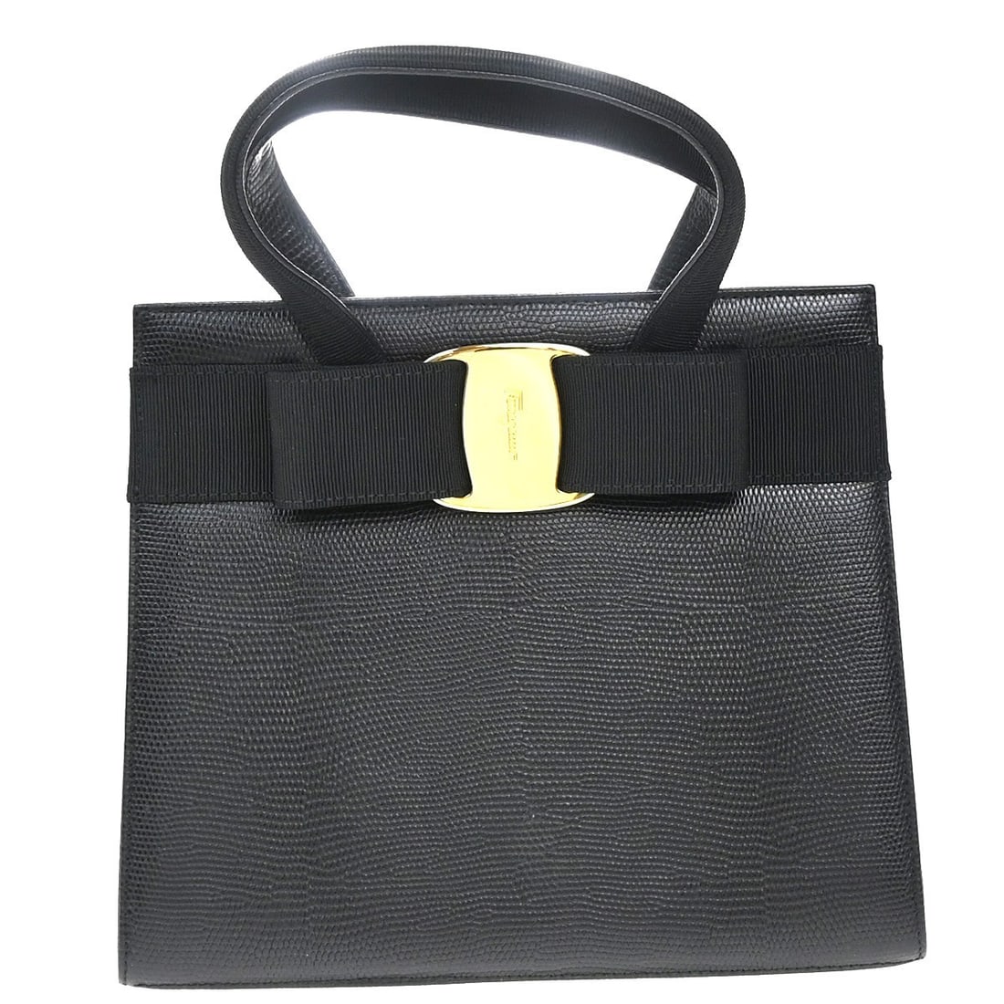Salvatore Ferragamo Lizard Embossed Leather Tote with Vara Bow: Salvatore Ferragamo Lizard Embossed Leather Tote with Vara Bow This Salvatore Ferragamo Convertible Vara Bow Tote is crafted from black lizard-embossed leather, designed for women. It features a versa