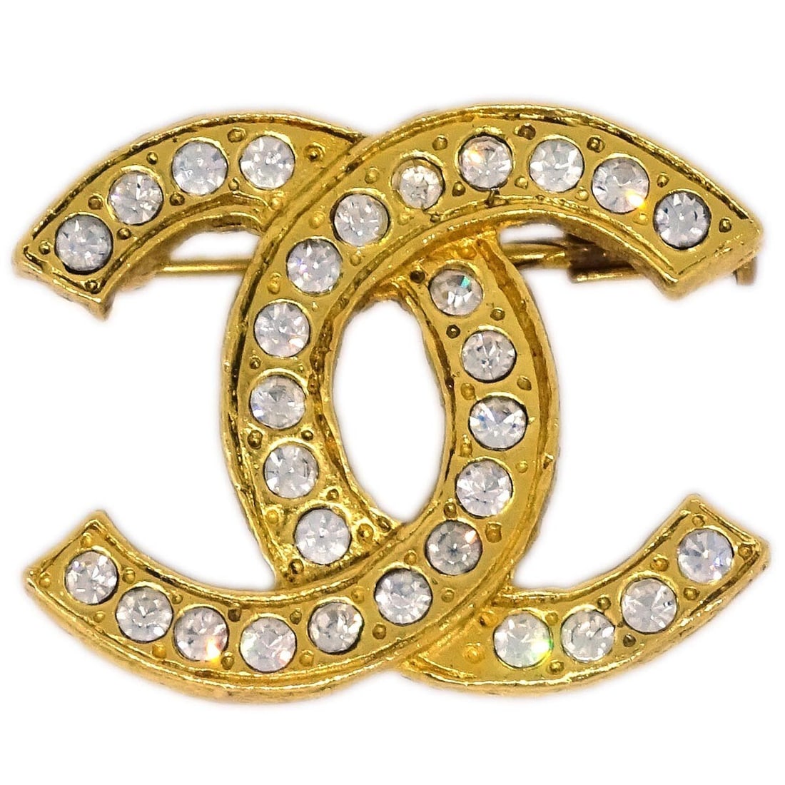 Chanel Gold Plated CC Brooch with Rhinestone Accent: Chanel Gold Plated CC Brooch with Rhinestone Accent Elevate your accessory collection with this stunning Chanel CC Brooch Pin. Crafted from gold-plated material, this elegant brooch features a dazzlin