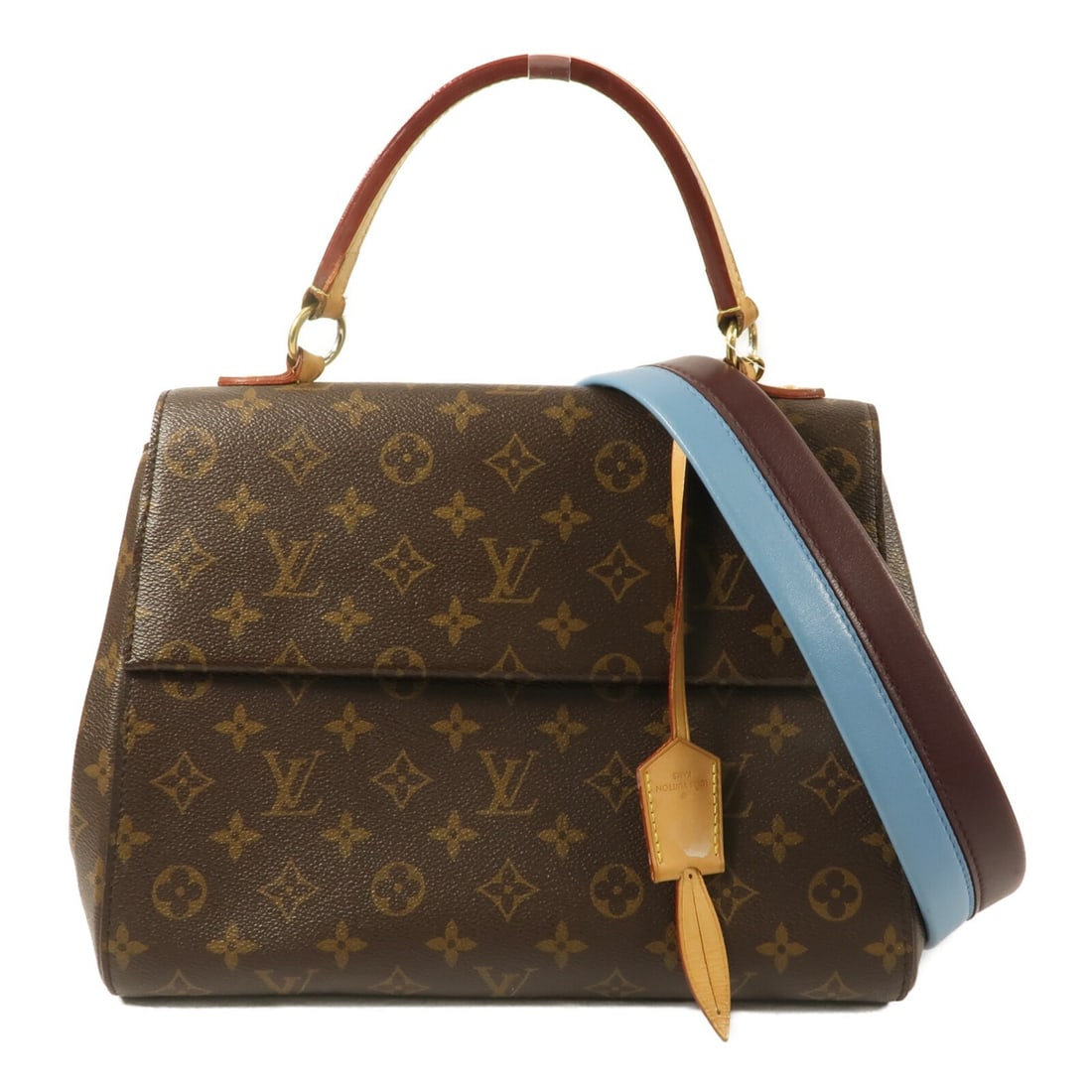 Louis Vuitton Cluny MM Monogram Brown Blue 2 Way Shoulder Bag GHW: Louis Vuitton Cluny MM Monogram Brown Blue 2 Way Shoulder Bag GHW This Louis Vuitton Cluny MM 2-way shoulder bag features the iconic monogram pattern in brown with blue accents. Crafted from PVC