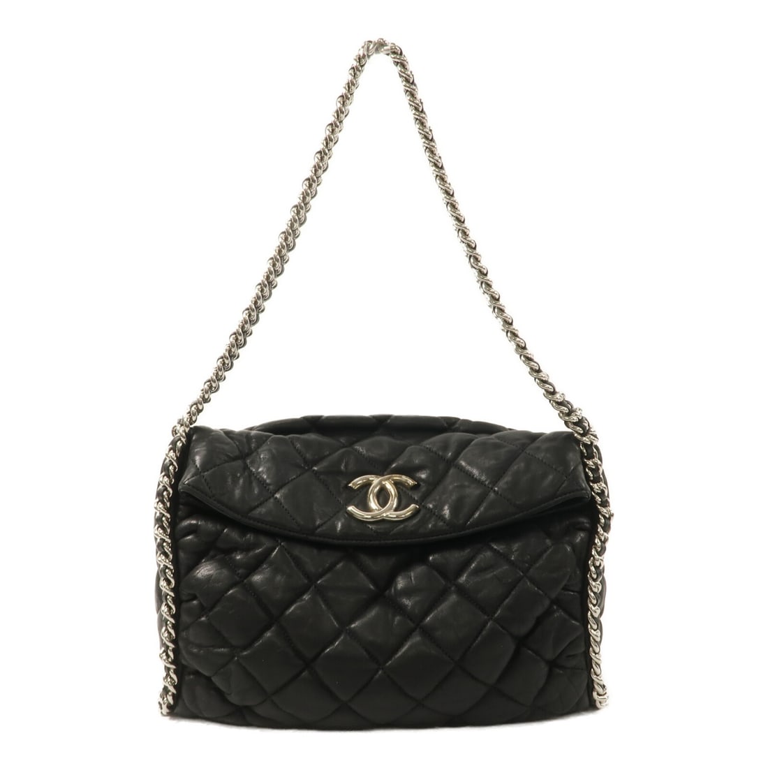 CHANEL Black Calfskin Shoulder Bag CC SHW: CHANEL Black Calfskin Shoulder Bag CC SHW This Chanel shoulder bag features a classic CC design with silver-tone hardware and is crafted from luxurious black calfskin leather. The bag offers a sleek