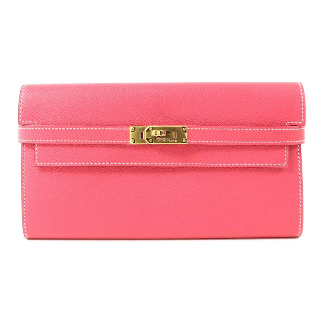 Hermes Kelly Wallet Epsom Leather GHW Rose Tyrien: Hermes Kelly Wallet Epsom Leather GHW Rose Tyrien This Hermes Kelly wallet is crafted from Epsom calfskin leather in a vibrant pink hue, designed in a classic bifold style. Made in France, it features