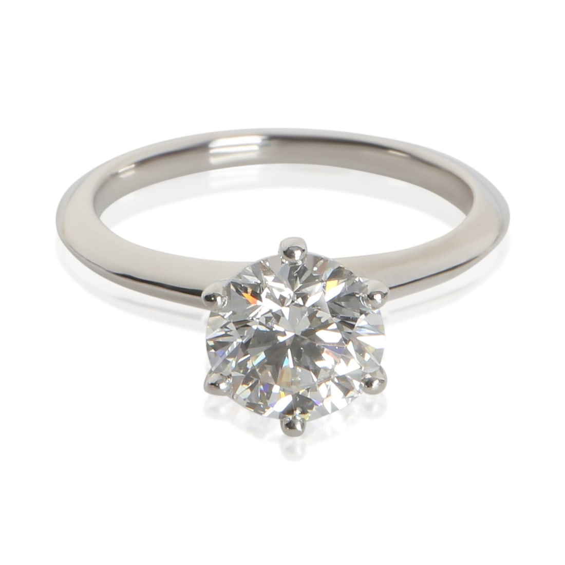 Tiffany & Co Platinum 1.71 ct Round Diamond Engagement Ring Size 6.5: Tiffany & Co Platinum 1.71 ct Round Diamond Engagement Ring Size 6.5 This pre-owned Tiffany & Co. engagement ring features a 1.71 carat round brilliant diamond set in platinum. The diamond has excelle