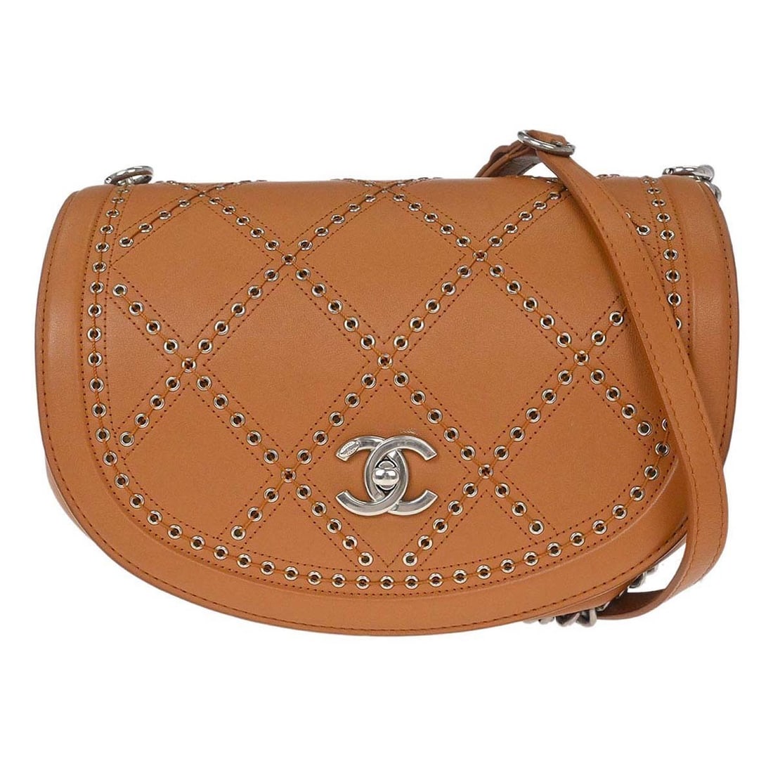 Chanel Coco Eyelets Brown Calfskin Shoulder Bag: Chanel Coco Eyelets Brown Calfskin Shoulder Bag This Chanel Coco Eyelets round flap shoulder bag is crafted from brown calfskin leather and features a medium-sized silhouette. Designed for casual occa