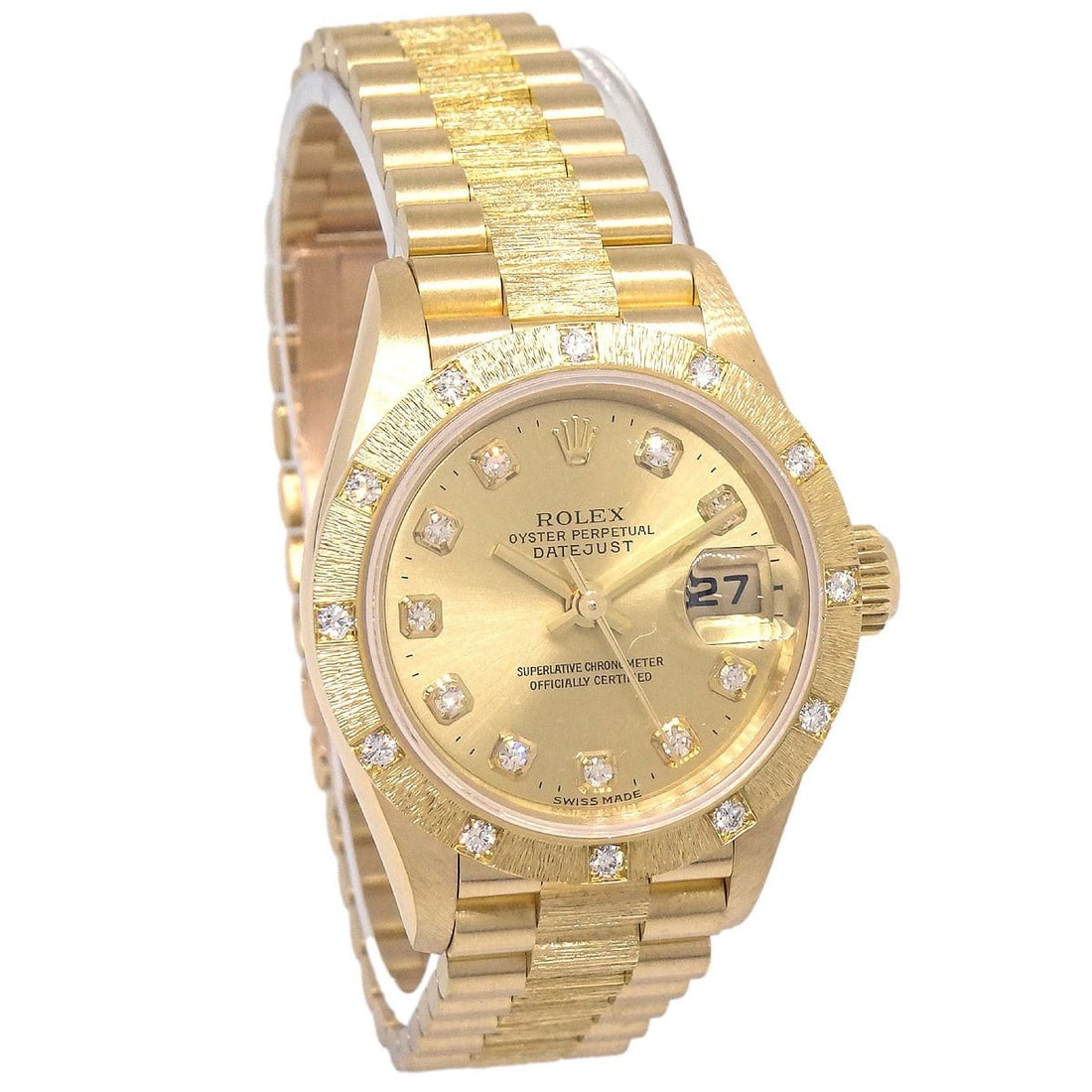 Rolex Datejust 26mm 18K Yellow Gold Diamond Ladies Watch: Rolex Datejust 26mm 18K Yellow Gold Diamond Ladies Watch This Rolex Oyster Perpetual Datejust is a classic women's wristwatch crafted in 18K yellow gold. Featuring a 26mm case and an elegant gold band