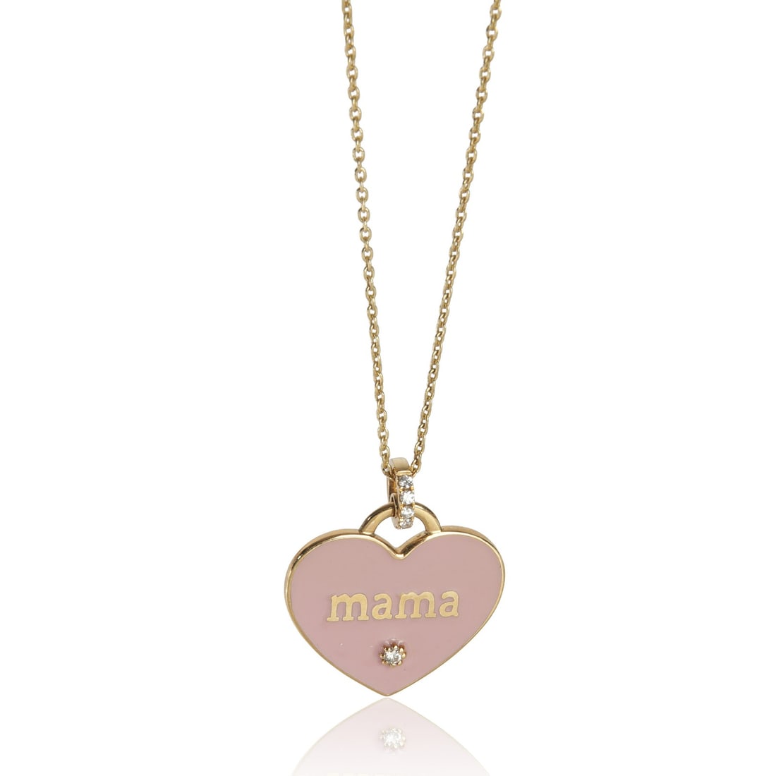 Pink Enamel Mama Heart Pendant in 14K Yellow Gold with Diamond Accent: Pink Enamel Mama Heart Pendant in 14K Yellow Gold with Diamond Accent This pre-owned women's pendant features a heart design crafted in 14K yellow gold with pink enamel detailing and the word "Mama". 