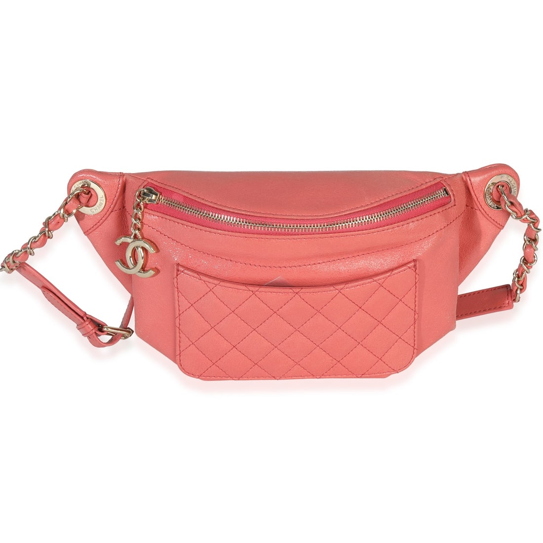 Chanel Bi Classic Pink Quilted Calfskin Belt Bag: Chanel Bi Classic Pink Quilted Calfskin Belt Bag This Chanel Bi Classic Waist Bag features a pink shiny crumpled quilted calfskin leather exterior with gold-tone hardware and a zip-around closure. Des