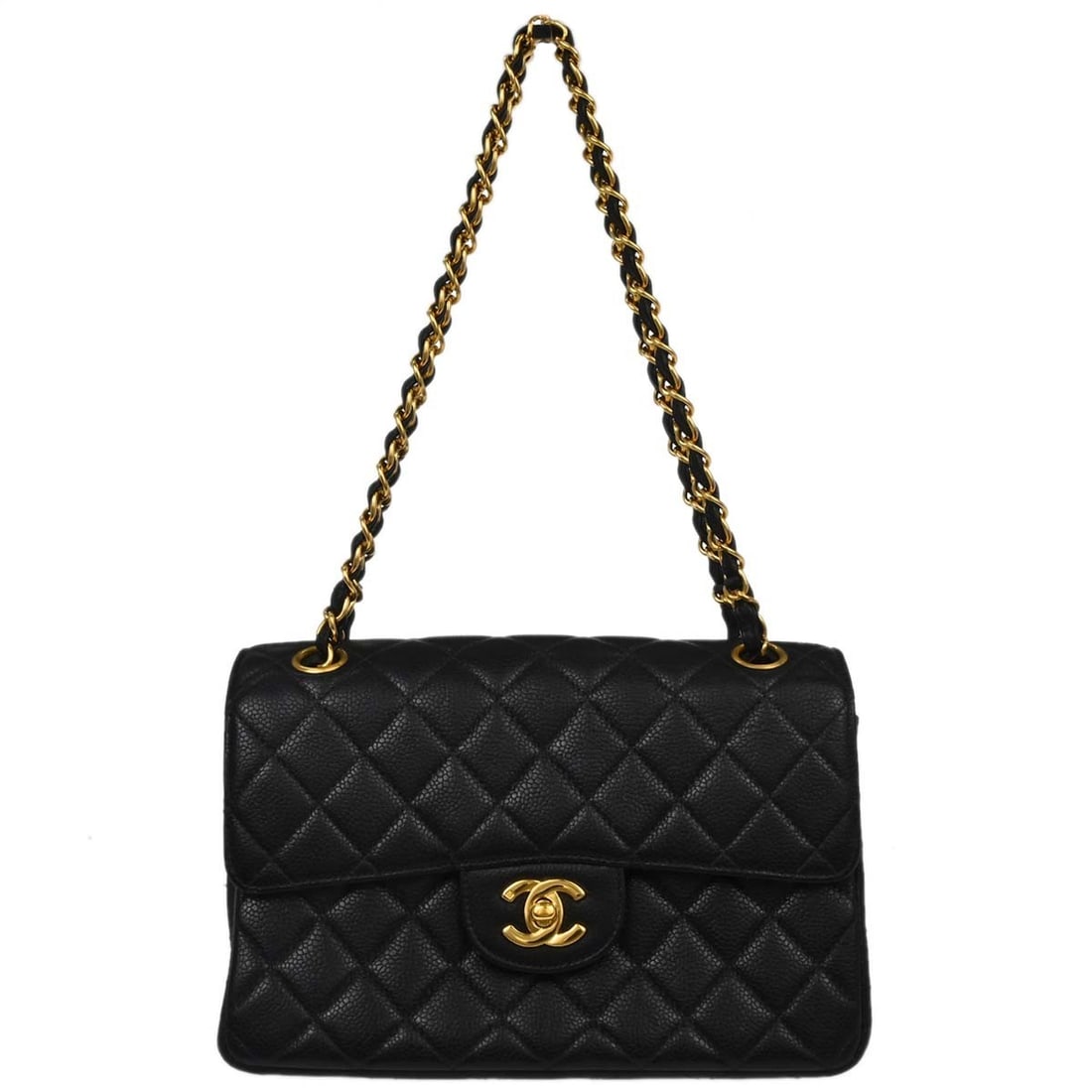 CHANEL Classic Flap Black Calfskin Shoulder Bag: CHANEL Classic Flap Black Calfskin Shoulder Bag This Chanel Double Sided Classic Flap Shoulder Bag features a black matelasse quilted leather exterior and a turnlock closure. Designed in a medium size