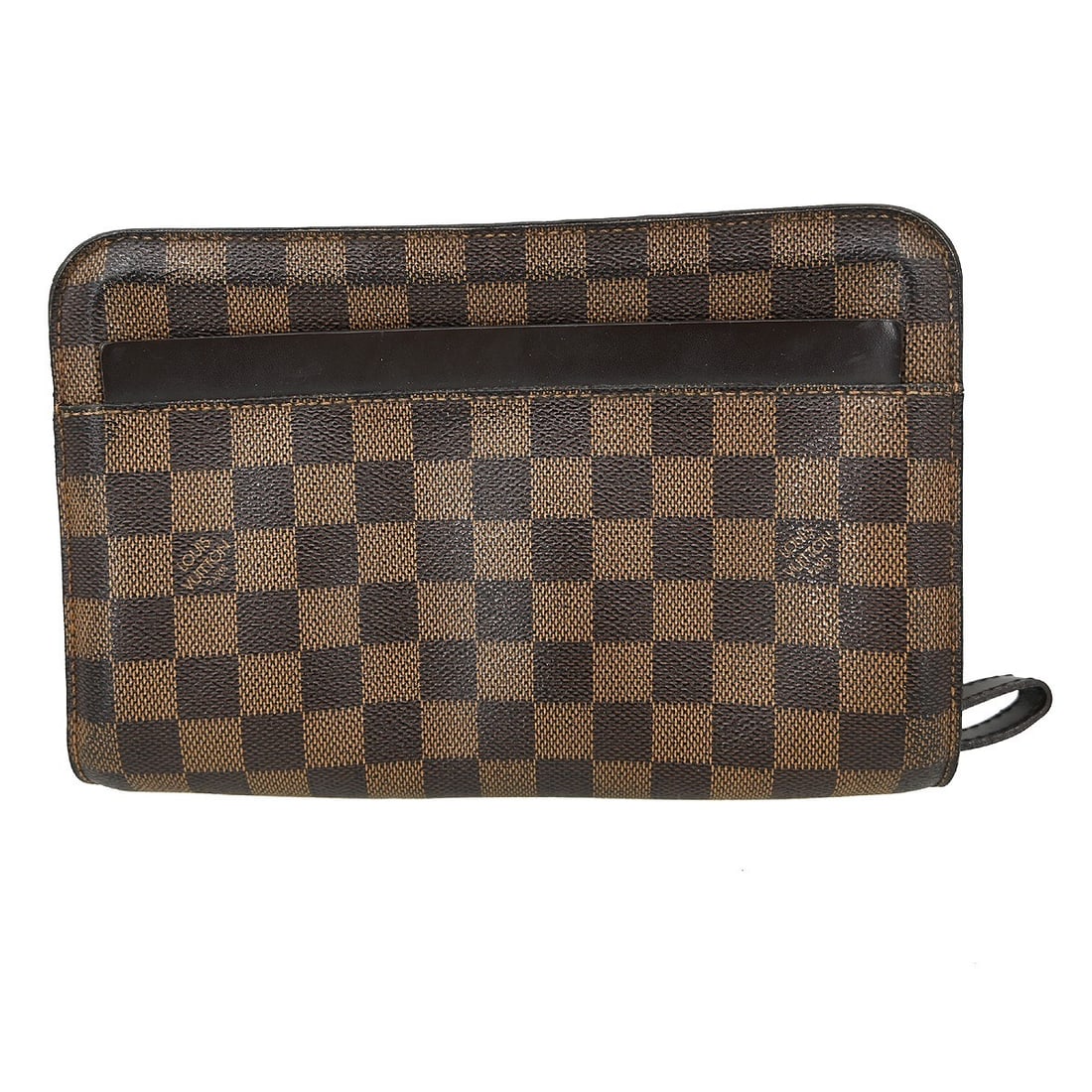 Louis Vuitton Damier Ebene Saint Louis clutch bag: Louis Vuitton Damier Ebene Saint Louis clutch bag This Louis Vuitton Damier Ebene Orsay clutch features the signature Damier Ebene canvas with brown leather accents. The bag is designed with both inne