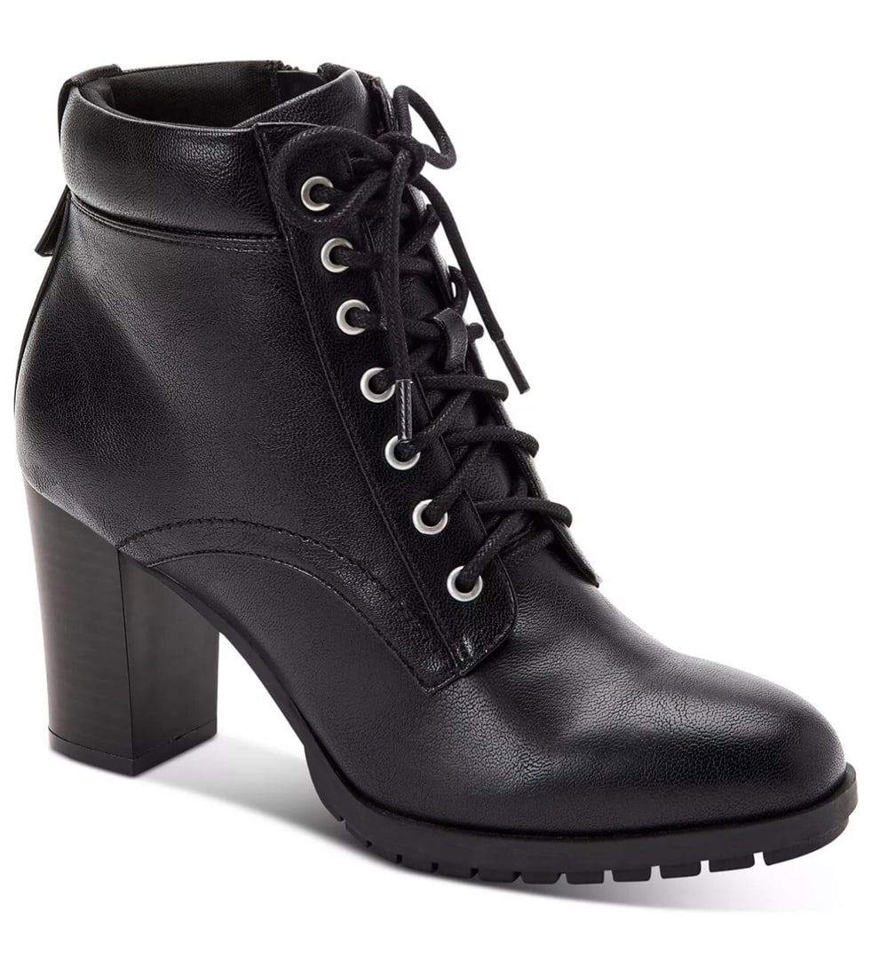 STYLE & CO Lucillee Black Faux Leather Heeled Booties Size 11: STYLE & CO Lucillee Black Faux Leather Heeled Booties Size 11 Step into style with the STYLE & CO Lucillee Heeled Booties. These chic black booties feature a rugged appeal with a chunky block heel, pe