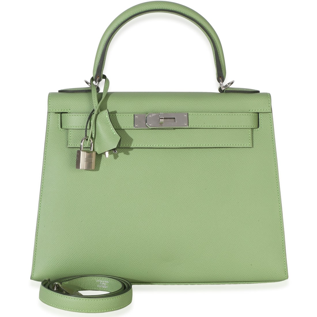Hermes Kelly 28 Vert Criquet Epsom Leather Silver Tone Hardware: Hermes Kelly 28 Vert Criquet Epsom Leather Silver Tone Hardware This Hermes Sellier Kelly 28 handbag features Vert Criquet green Epsom leather with a structured silhouette. It is accented with silver-