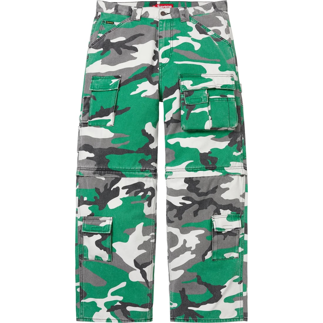 Green Camouflage Zip-Off Utility Pants by Supreme Size 32: Green Camouflage Zip-Off Utility Pants by Supreme Size 32 These Supreme Zip Off Green Camo Utility Pants feature a rugged green camouflage print and are designed for versatility, allowing you to conve