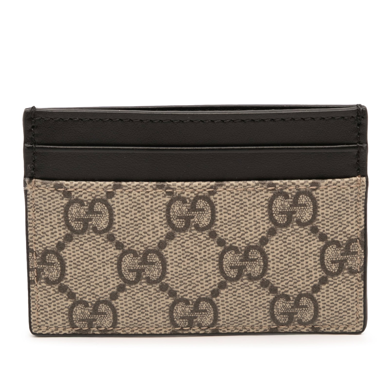 Gucci Brown GG Supreme Canvas Cardholder with Leather Trim: Gucci Brown GG Supreme Canvas Cardholder with Leather Trim This Gucci GG Supreme card holder is crafted from coated canvas with leather trim and features multiple card slots. It is designed in a class