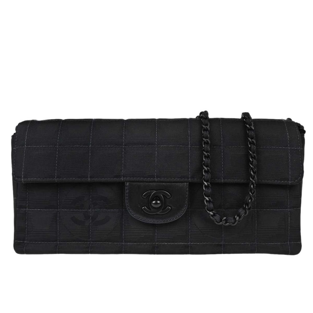 Chanel East West Black Nylon Turn Lock Shoulder Bag: Chanel East West Black Nylon Turn Lock Shoulder Bag This Chanel Black Jacquard Nylon Travel Line East West Shoulder Bag features a medium-sized silhouette crafted from durable nylon with a leather lin