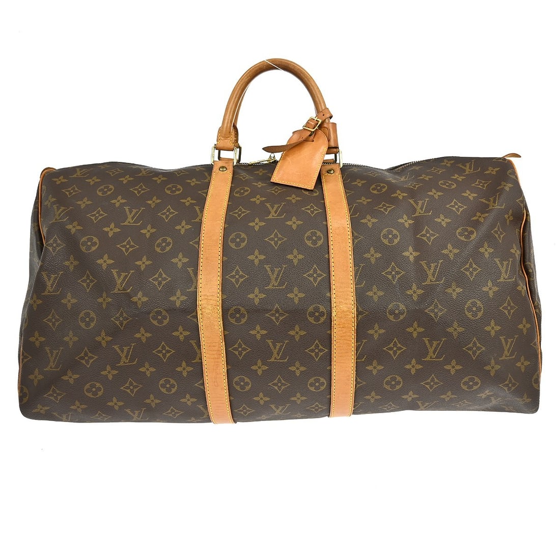 Louis Vuitton Keepall 55 Monogram Duffle Bag: Louis Vuitton Keepall 55 Monogram Duffle Bag This Louis Vuitton Keepall 55 travel handbag features the iconic Monogram canvas with leather trim and double beige leather handles. Designed in an extra-l