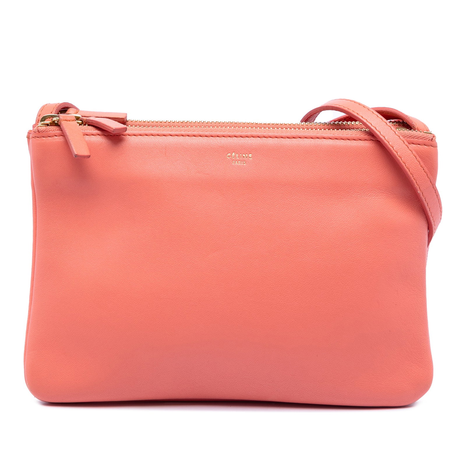 Celine Pink Leather Trio Crossbody Bag Small: Celine Pink Leather Trio Crossbody Bag Small This Celine Small Lambskin Trio Crossbody bag is crafted from leather and features a flat strap and three separate compartments, each with its own top zip 