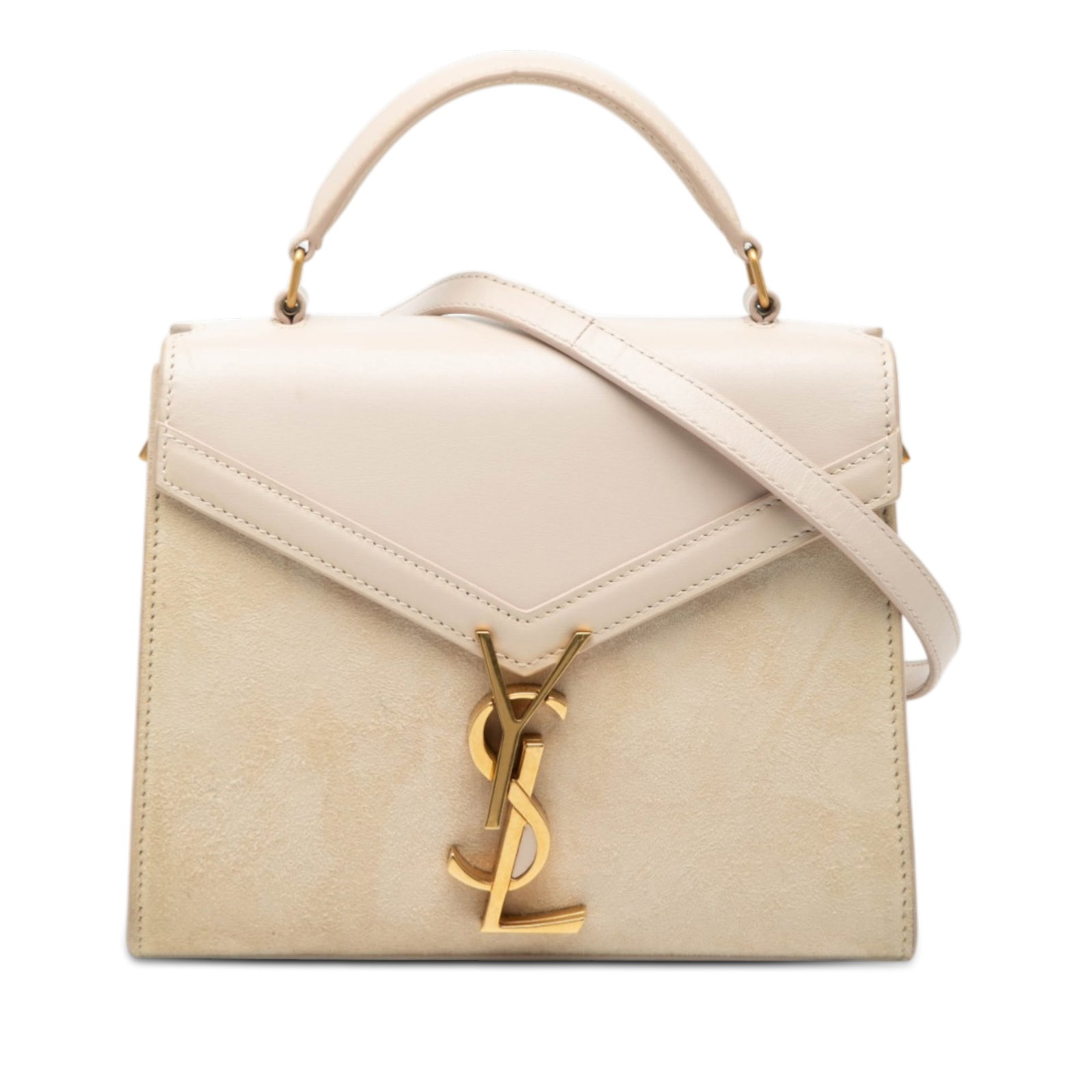 Mini Cassandra Top Handle Bag in Suede and Calfskin by Saint Laurent: Mini Cassandra Top Handle Bag in Suede and Calfskin by Saint Laurent This Saint Laurent Mini Suede and Calfskin Cassandra Top Handle Bag features a beige suede and calf leather body, complemented by a