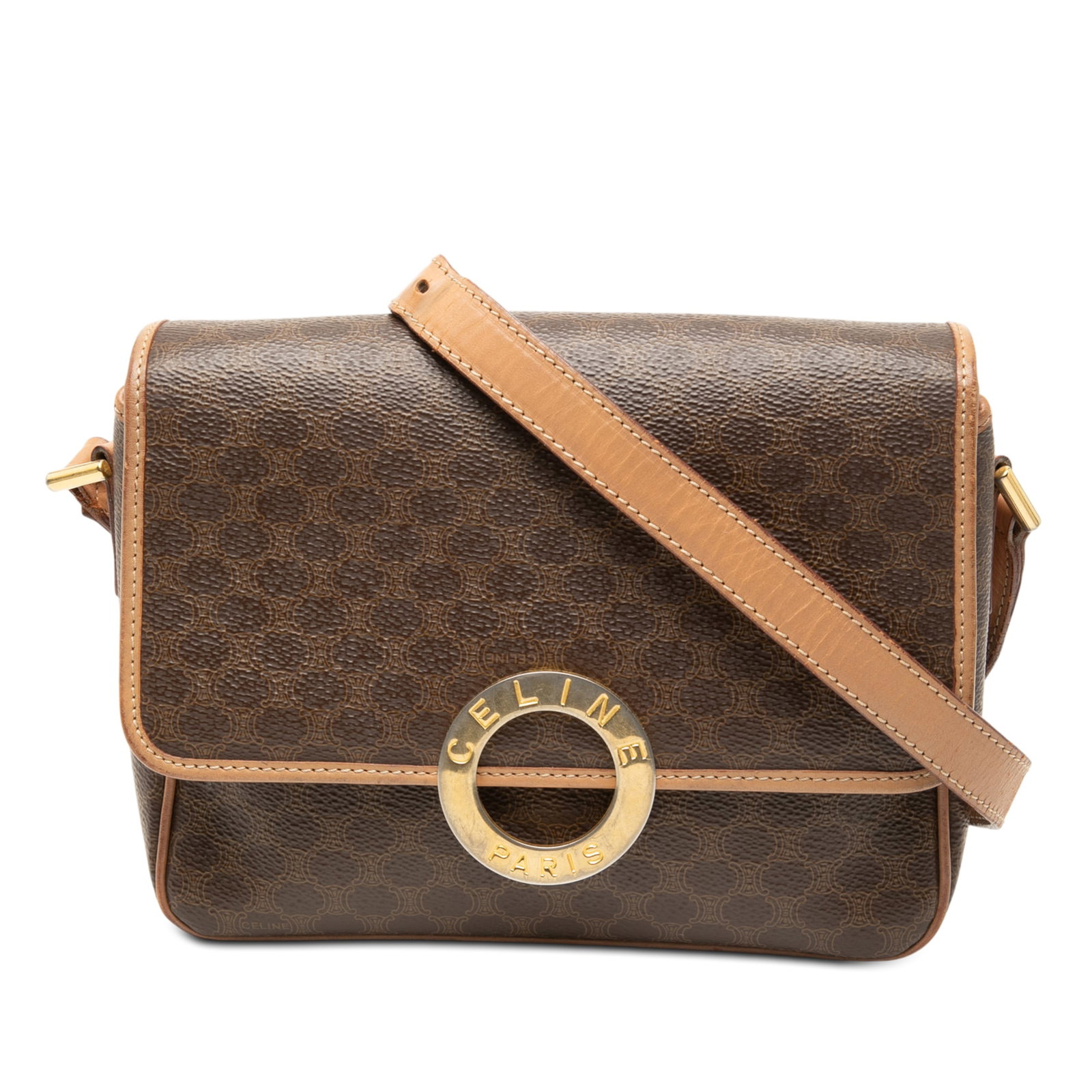 Celine Macadam Brown Coated Canvas Crossbody Bag with Leather Trim: Celine Macadam Brown Coated Canvas Crossbody Bag with Leather Trim This Celine Macadam crossbody bag features a coated canvas body with leather trim, an adjustable flat leather strap, a front flap wit