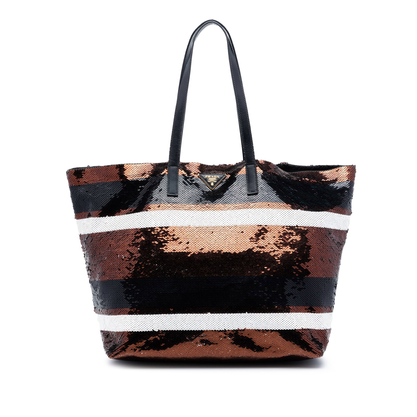 Prada Tote Bag with Sequin Embellished Satin Striped Design: Prada Tote Bag with Sequin Embellished Satin Striped Design This Prada Sequined Satin Stripes Tote features a sequined satin body with flat leather handles and an open top design. The interior include