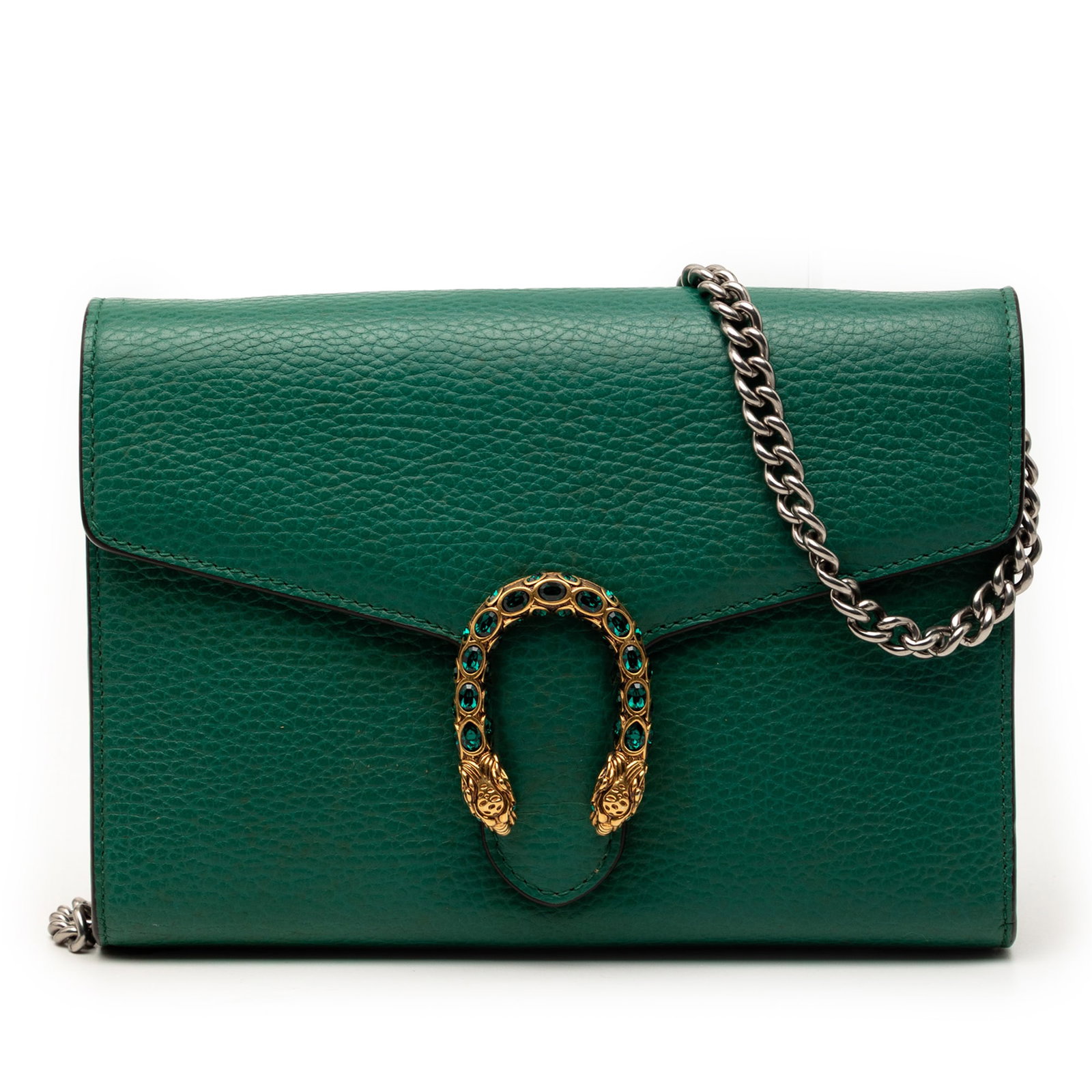 Gucci Dionysus Green Leather Wallet Crossbody Bag with Chain Strap: Gucci Dionysus Green Leather Wallet Crossbody Bag with Chain Strap This Gucci Dionysus Wallet on Chain is crafted from green leather and features a chain link shoulder strap, a front flap with snap bu