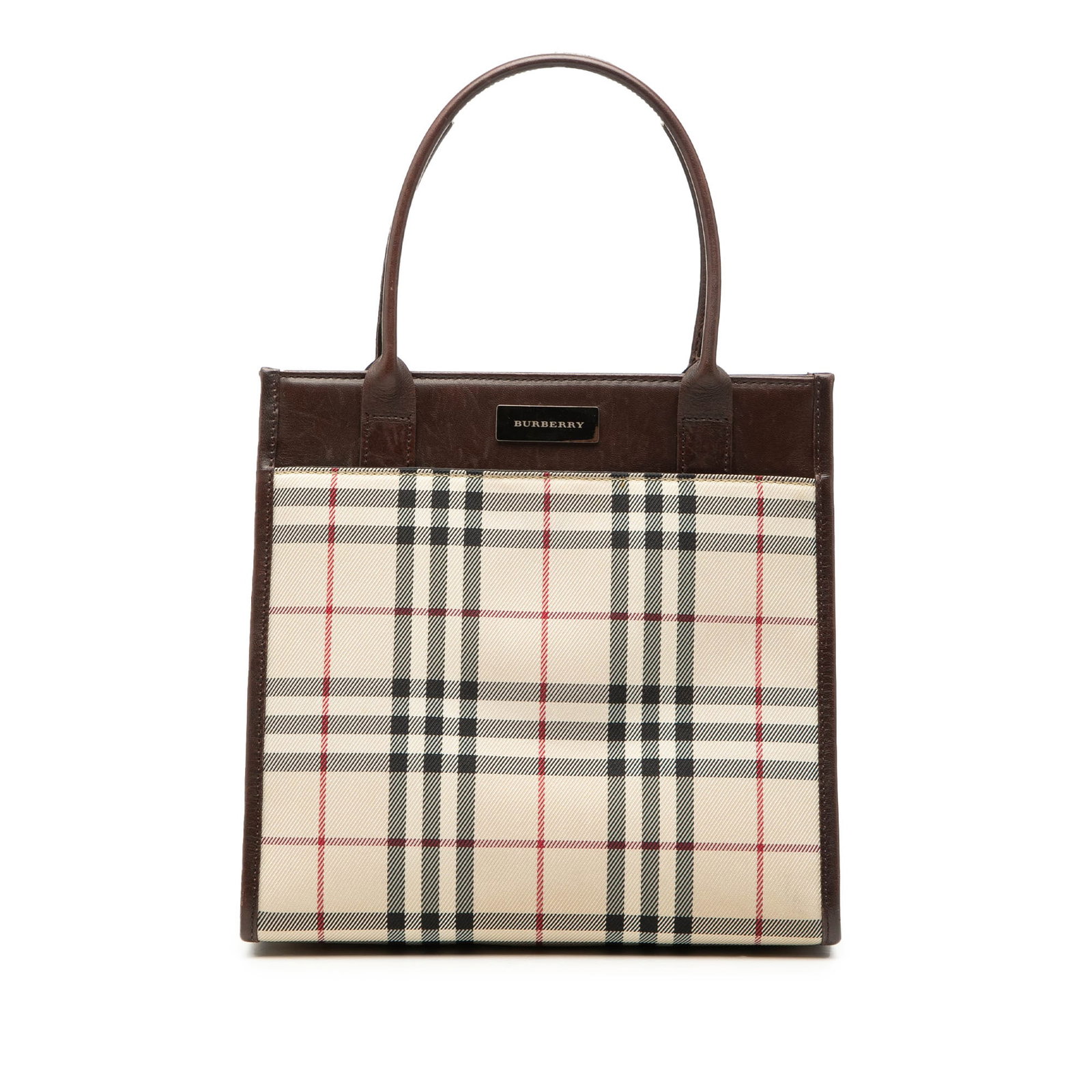 Burberry beige canvas tote with leather trim and rolled handles: Burberry beige canvas tote with leather trim and rolled handles This Burberry House Check Canvas Handbag features the brand's iconic canvas body accented with leather trim and rolled leather handles. 