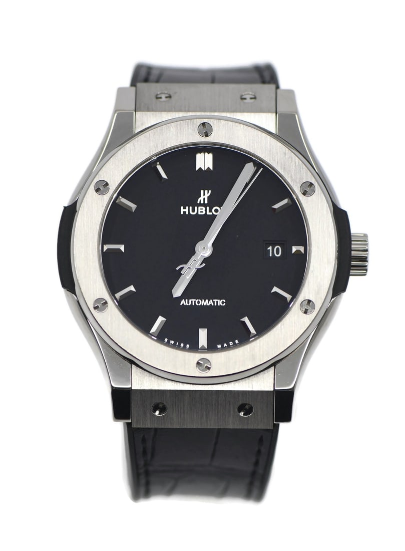 Hublot Classic Fusion 42mm Titanium Automatic Wristwatch: Hublot Classic Fusion 42mm Titanium Automatic Wristwatch This Hublot Classic Fusion Titanium Watch (reference 542.NX.1171.LR) features a polished titanium case with a screwed silver bezel and exhibiti
