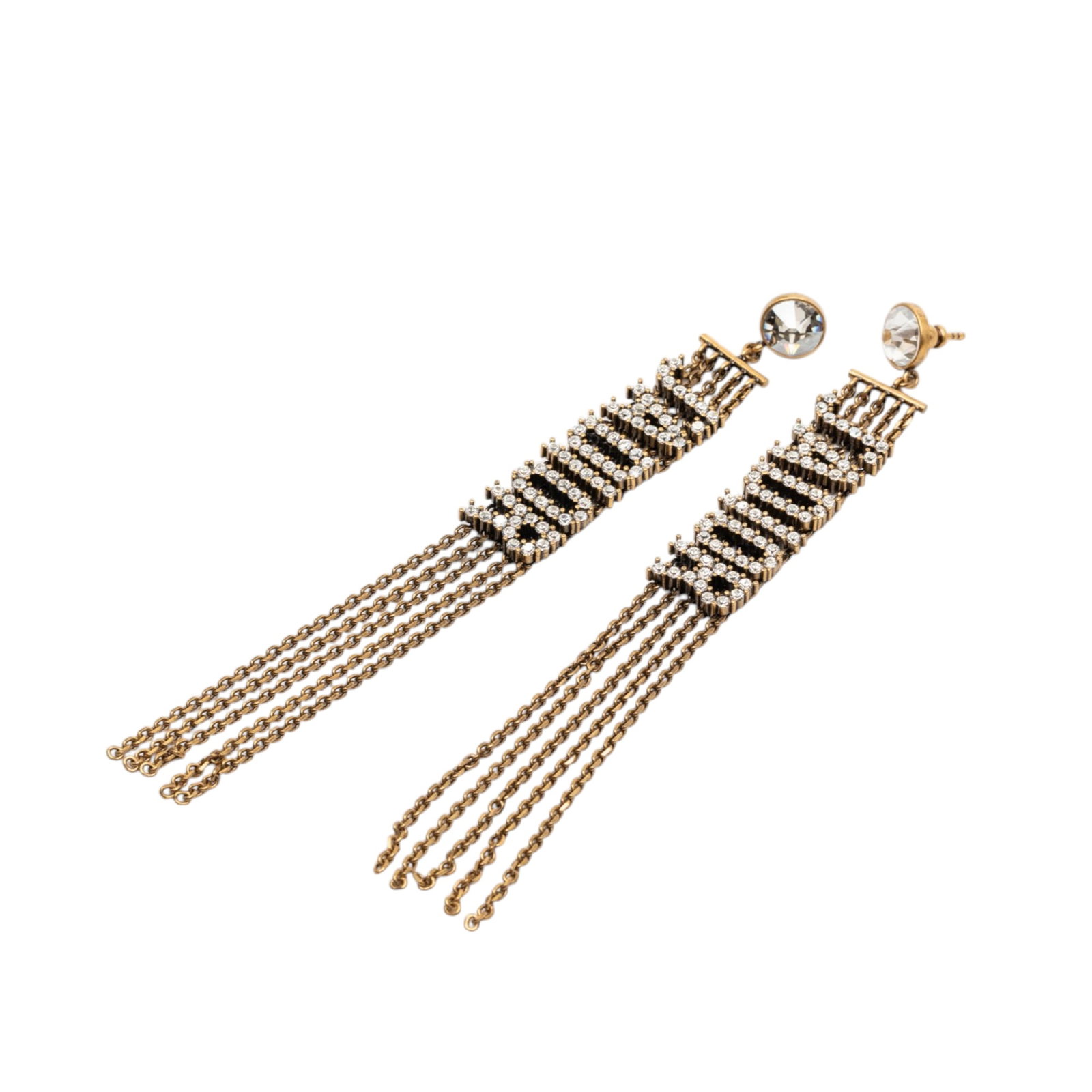 Dior JAdior crystal drop earrings gold plated metal: Dior JAdior crystal drop earrings gold plated metal These Dior drop earrings feature a gold-plated metal body with a crystal-embellished J'Adior logo and secure push-back closures. Made in Germany, th
