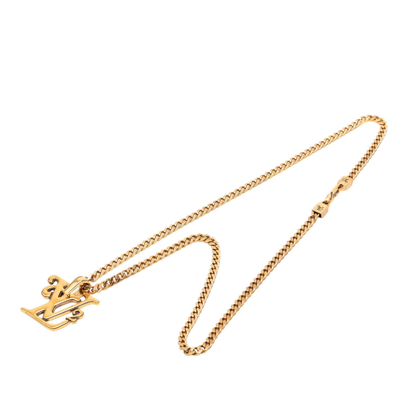 Louis Vuitton Nigo Pendant Necklace with Gold Tone Metal Chain: Louis Vuitton Nigo Pendant Necklace with Gold Tone Metal Chain This Louis Vuitton Nigo pendant necklace features a gold tone metal chain and a squared logo pendant with a hook closure. The necklace is