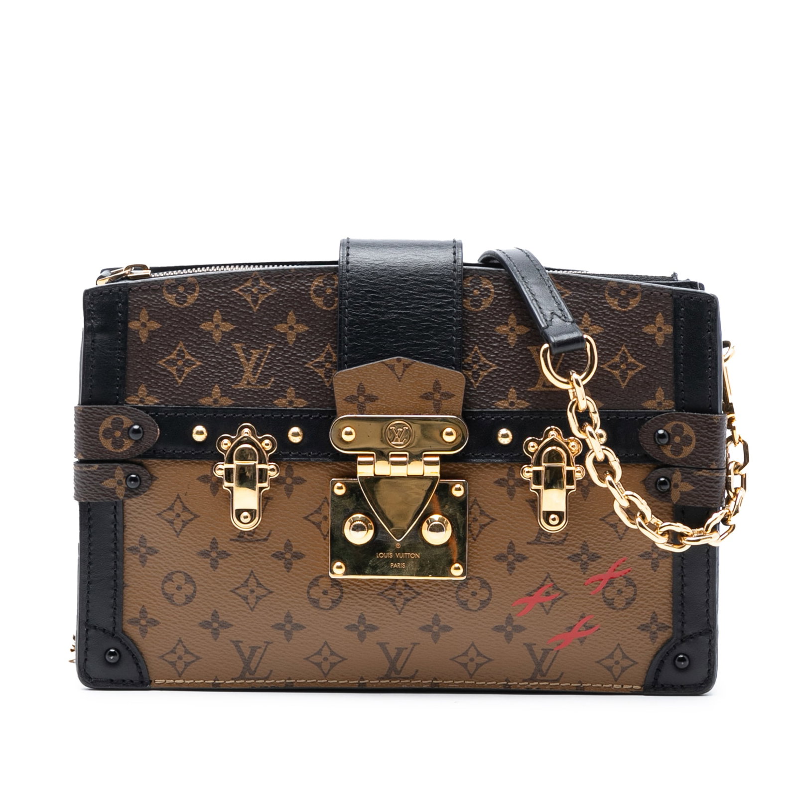 Louis Vuitton Monogram Reverse Canvas Trunk Clutch with Chain Strap: Louis Vuitton Monogram Reverse Canvas Trunk Clutch with Chain Strap This Louis Vuitton Monogram Reverse Trunk Clutch features a monogram reverse canvas body with leather trim, a detachable chain link 
