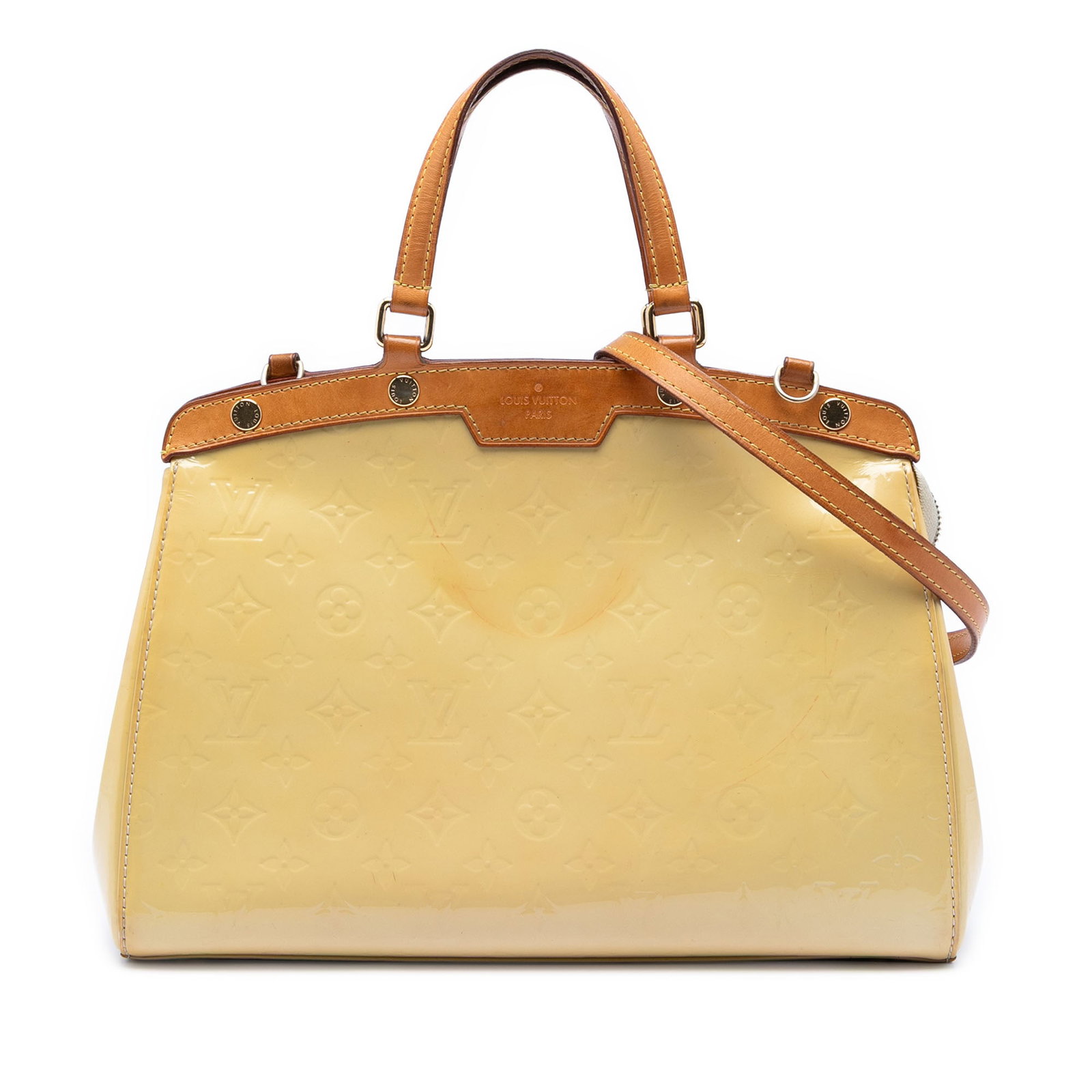 Yellow Vernis Leather Brea MM Handbag with Vachetta Strap by Louis Vuitton: Yellow Vernis Leather Brea MM Handbag with Vachetta Strap by Louis Vuitton This Louis Vuitton Monogram Vernis Brea MM features a monogram vernis leather body in yellow, flat vachetta leather handles, 