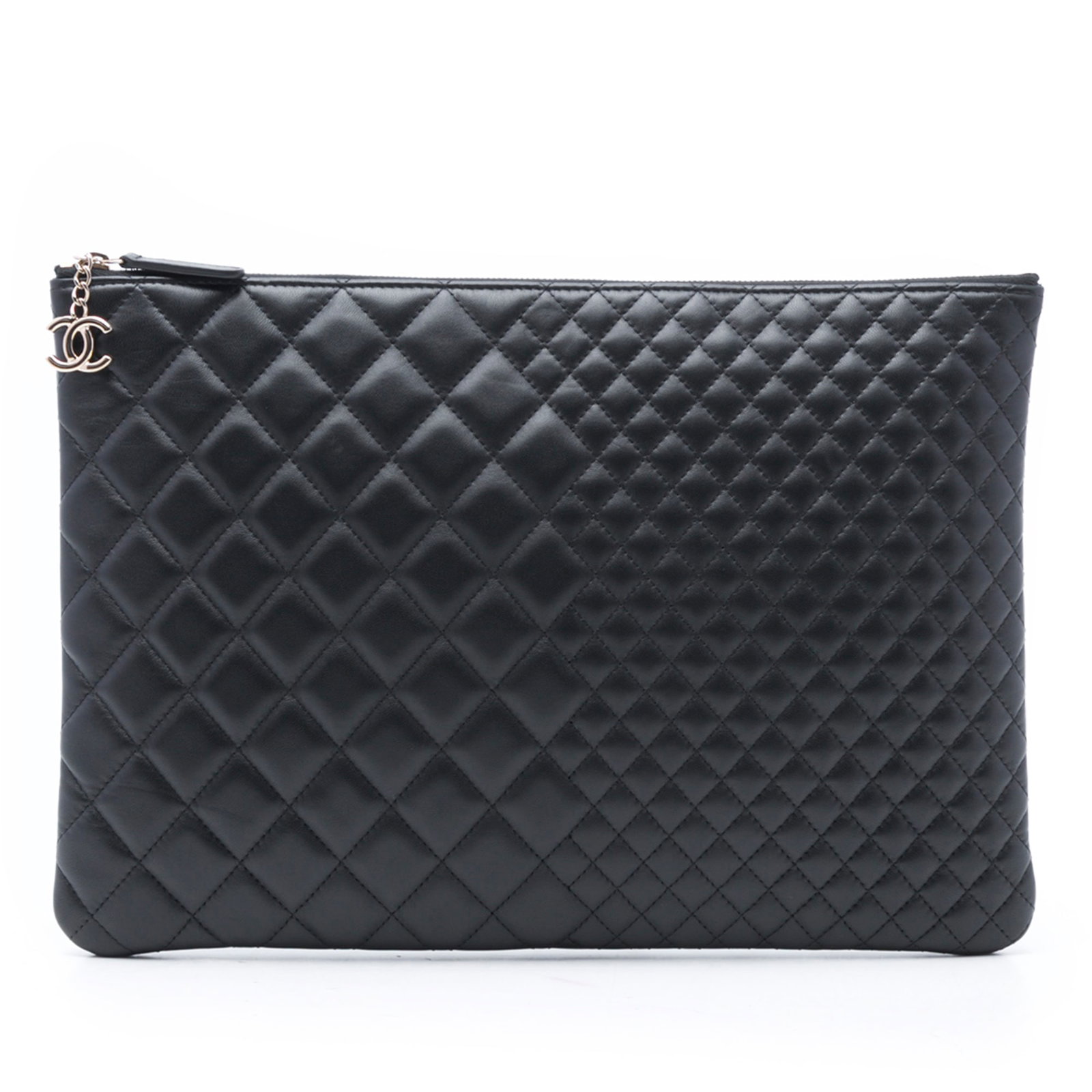 Chanel O Case Black Quilted Lambskin Large Clutch Bag: Chanel O Case Black Quilted Lambskin Large Clutch Bag This Chanel Large Bi Quilted Lambskin O Case Clutch features a black quilted lambskin leather exterior with a top zip closure. The bag is crafted 