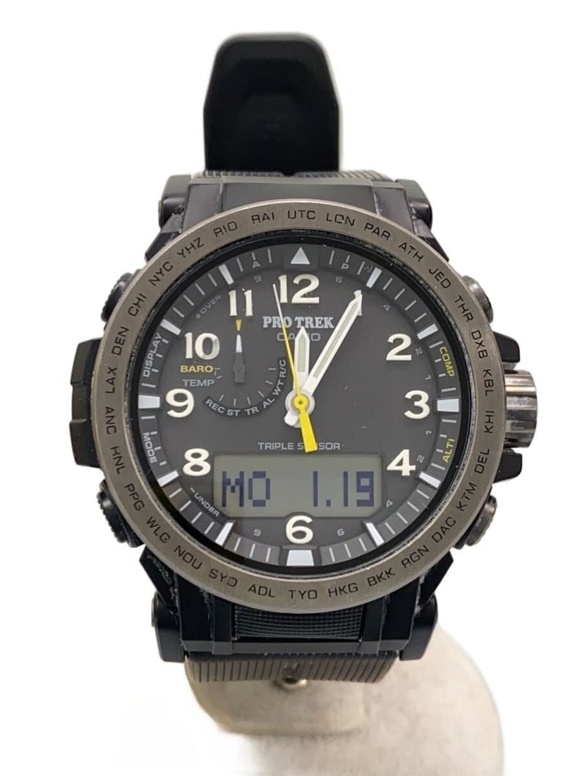 Casio Pro Trek PRW-51Y-1JF Black Rubber Wristwatch: Casio Pro Trek PRW-51Y-1JF Black Rubber Wristwatch This CASIO PRO TREK PRW-51Y-1JF men's wristwatch features a sleek black design with a durable rubber band. Made in Japan, the watch displays slight s