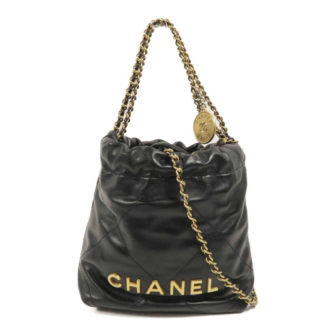CHANEL Mini 2way Shoulder Bag Black Calfskin GHW AS3980: CHANEL Mini 2way Shoulder Bag Black Calfskin GHW AS3980 This CHANEL 22 Mini AS3980 chain shoulder bag features luxurious black calfskin leather and gold-tone hardware. Designed for versatility, it can