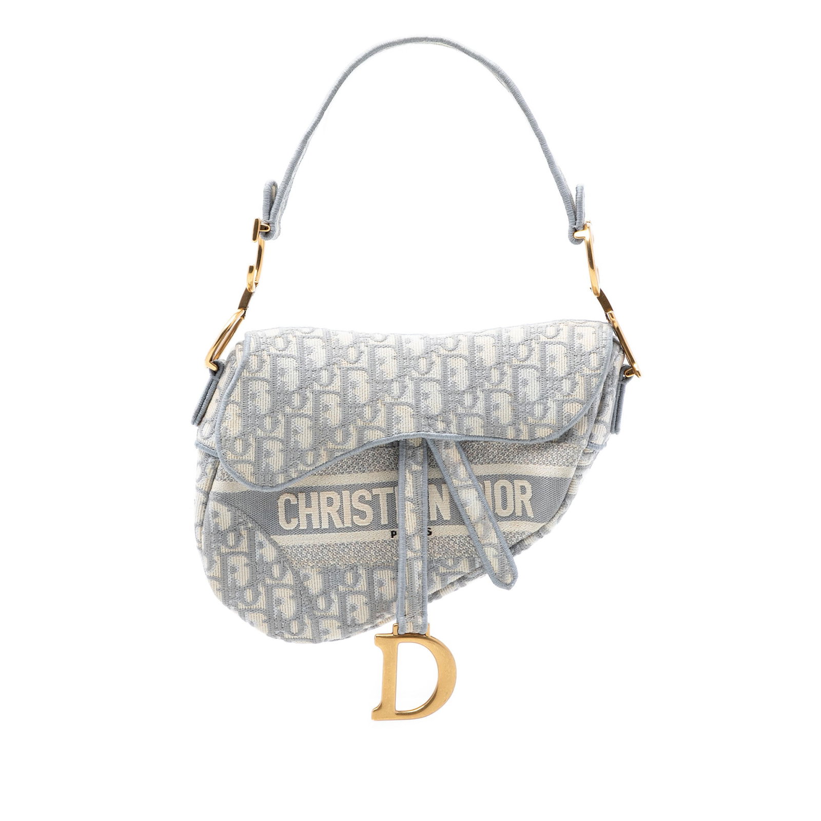 Dior Saddle Bag Oblique Gray Embroidered Canvas with Leather Trim: Dior Saddle Bag Oblique Gray Embroidered Canvas with Leather Trim This Dior Oblique Saddle Bag features an embroidered canvas body with leather trim, a flat leather strap, an adjustable and detachable