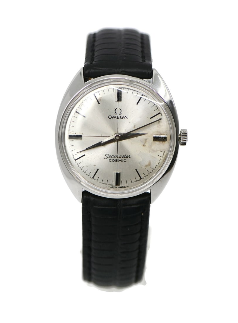 Omega Cosmic 33mm Stainless Steel Automatic Watch with Leather Band: Omega Cosmic 33mm Stainless Steel Automatic Watch with Leather Band Discover the timeless elegance of the Omega Cosmic Stainless Steel Watch. This exquisite wristwatch features a refined silver dial a