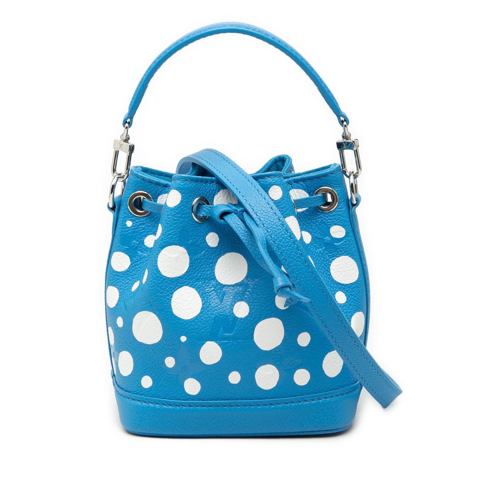 Louis Vuitton Yayoi Kusama Nano Noe Blue Leather Bag: Louis Vuitton Yayoi Kusama Nano Noe Blue Leather Bag This Louis Vuitton Yayoi Kusama Monogram Giant Empreinte Infinity Dots Nano Noe features a printed monogram empreinte leather body adorned with the