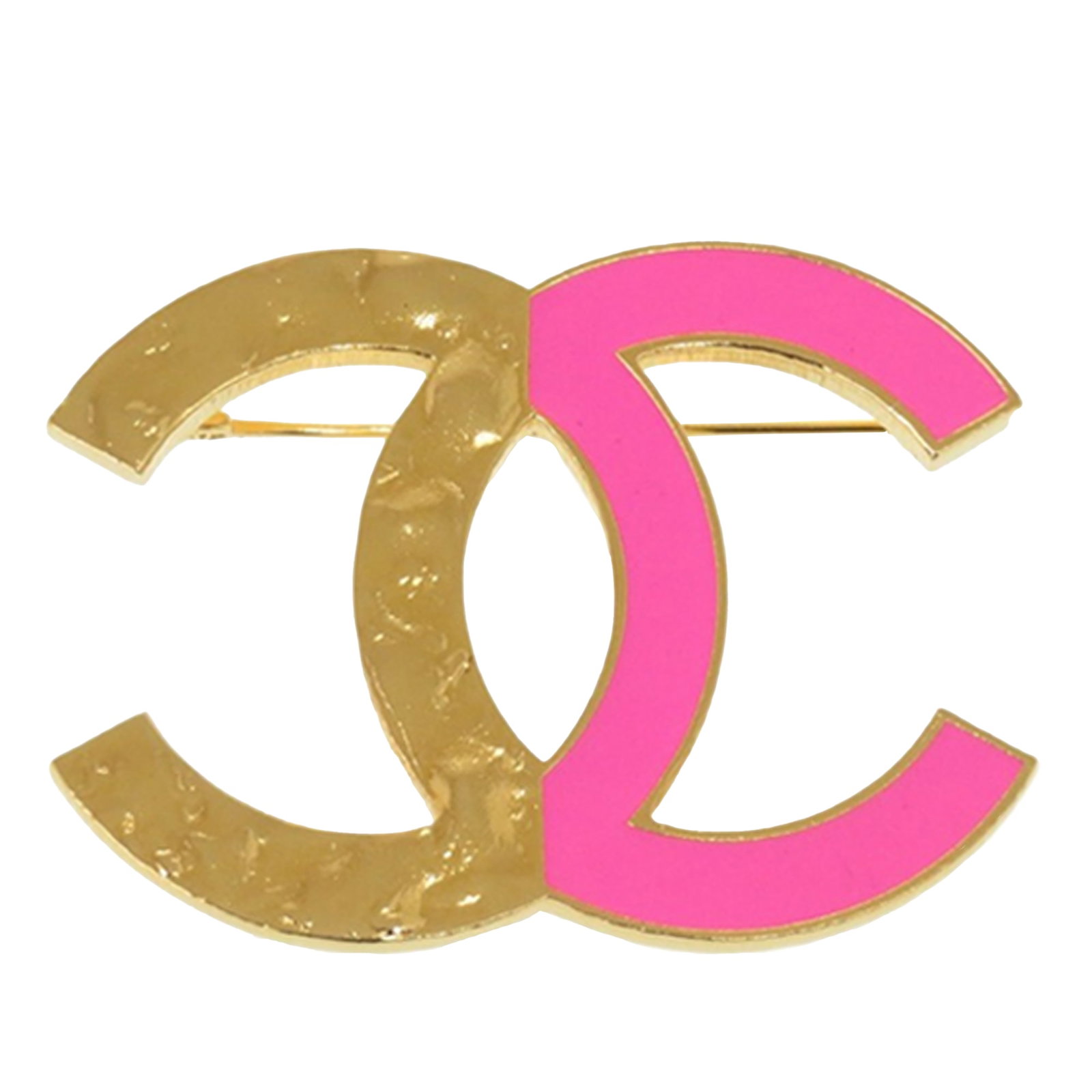 Chanel gold tone enamel CC pin brooch: Chanel gold tone enamel CC pin brooch This Chanel brooch features a gold-tone metal and enamel construction with a distinctive bicolor design. The piece is crafted in France and is equipped with a bac
