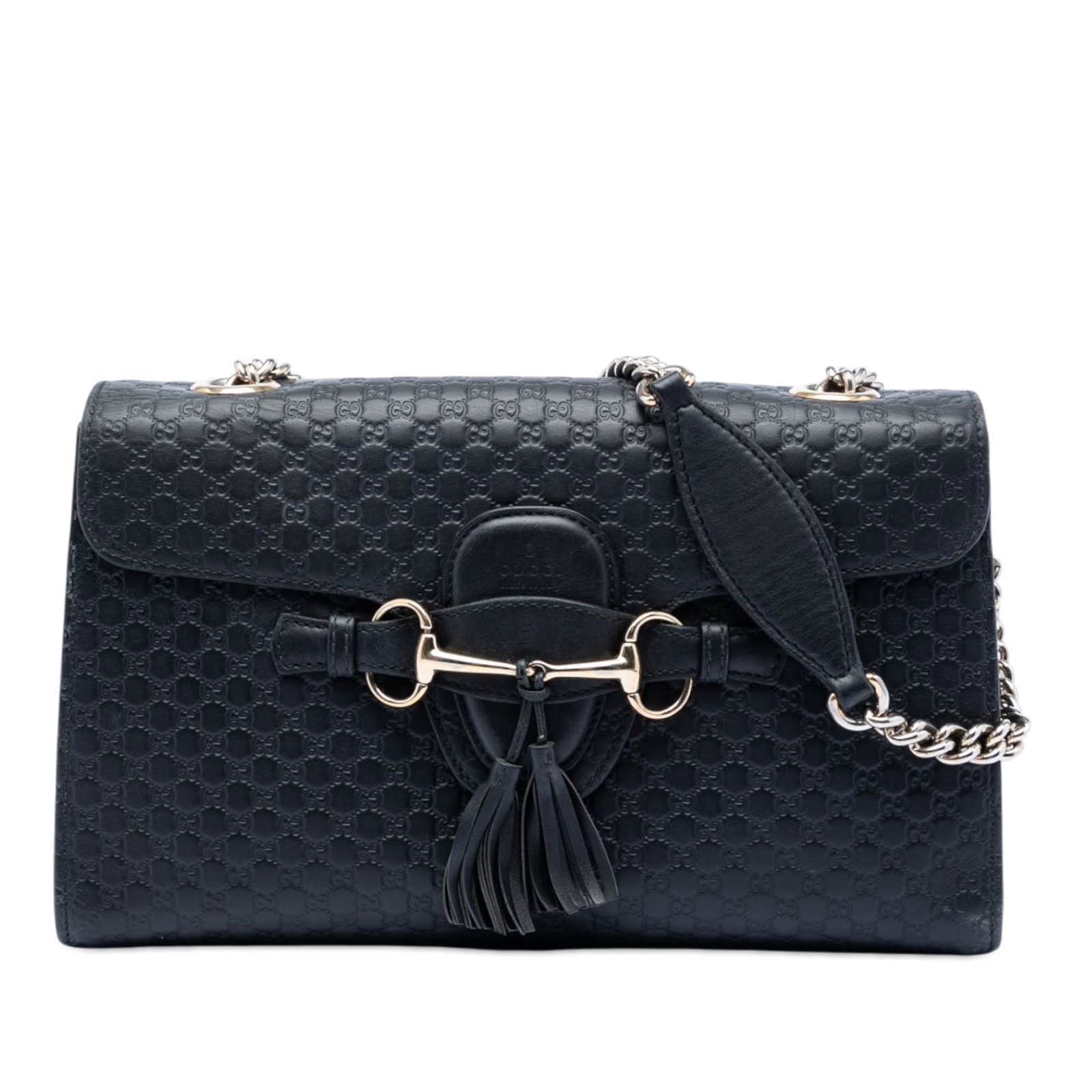 Gucci Emily Black Embossed Leather Shoulder Bag: Gucci Emily Black Embossed Leather Shoulder Bag This Gucci Medium Microguccissima Emily Shoulder Bag is crafted from embossed leather in black and features a curb chain strap with a leather guard, a f