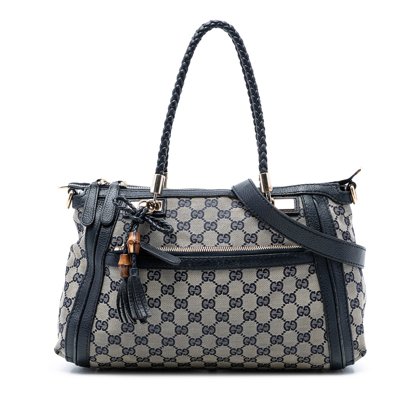 Gucci Bella satchel GG canvas beige leather trim: Gucci Bella satchel GG canvas beige leather trim This Gucci GG Canvas Bella Satchel features a canvas body with leather trim, braided leather handles, a detachable flat leather shoulder strap, a leath