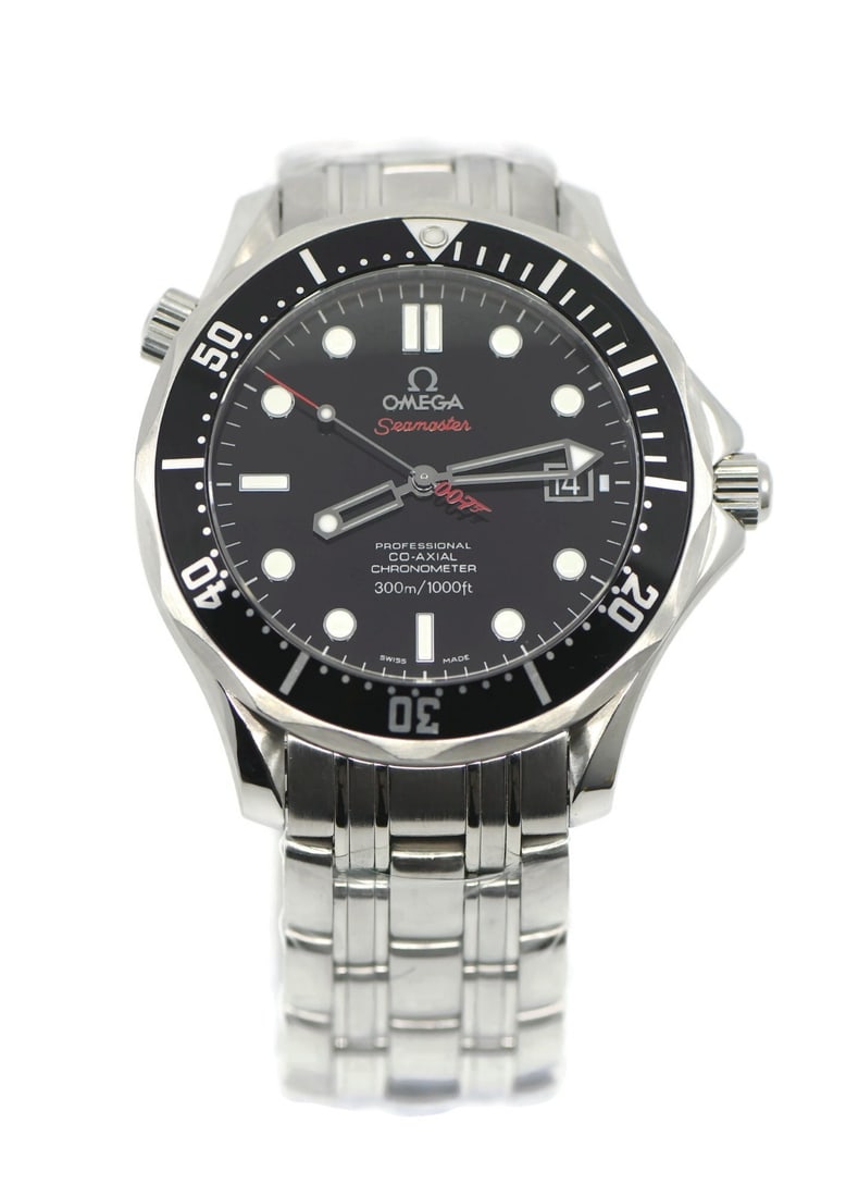 Stainless Steel Omega Seamaster 300M Automatic 41mm James Bond Ref 212.30.41.20.01.001: Stainless Steel Omega Seamaster 300M Automatic 41mm James Bond Ref 212.30.41.20.01.001 This Omega Seamaster 300M James Bond wristwatch features a 41 mm stainless steel case, a stainless steel band, an
