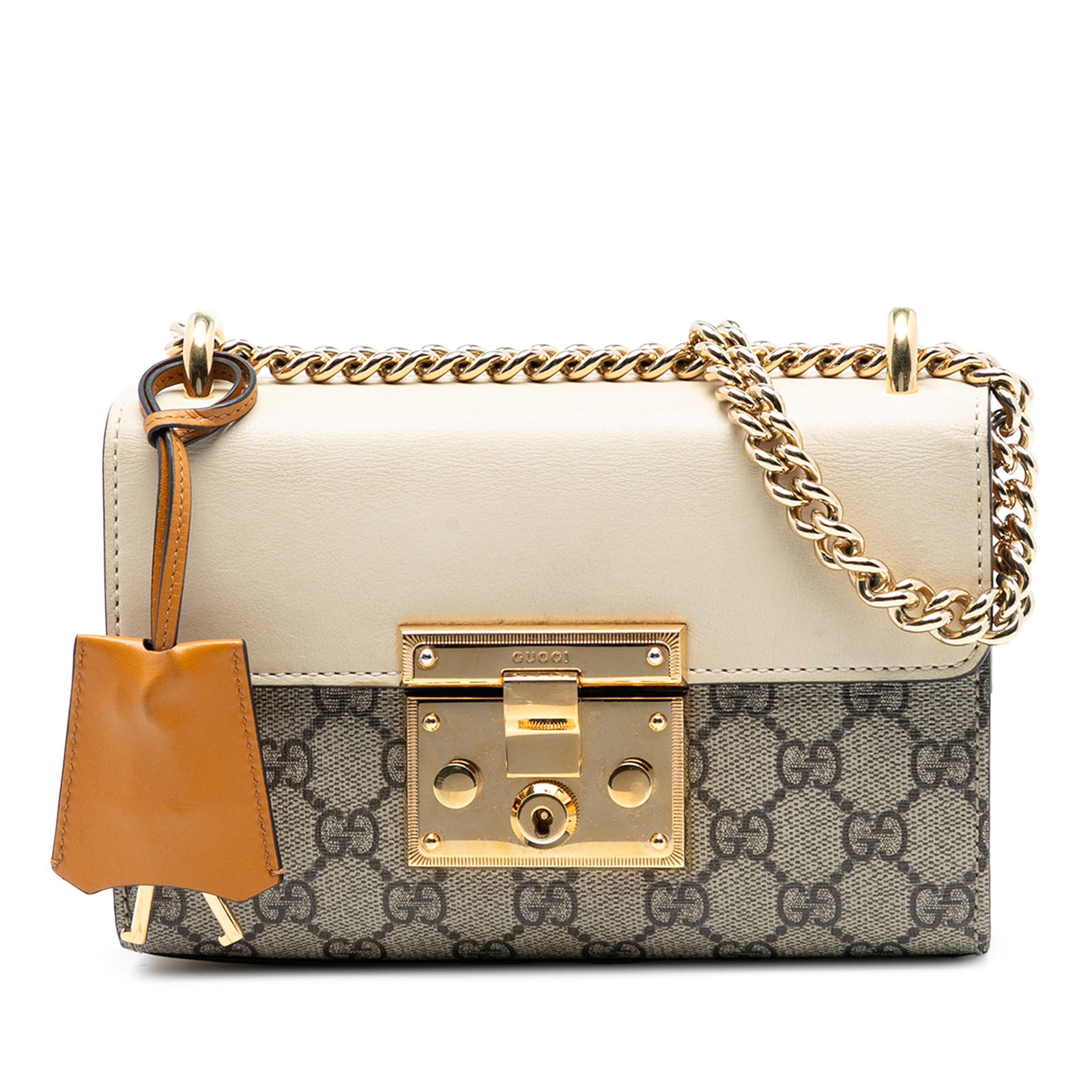 Gucci GG Supreme Padlock Small Beige Canvas Crossbody Bag: Gucci GG Supreme Padlock Small Beige Canvas Crossbody Bag This Gucci Small GG Supreme Padlock Crossbody features a coated canvas body with a chain link strap, a front flap secured by an S-lock closure