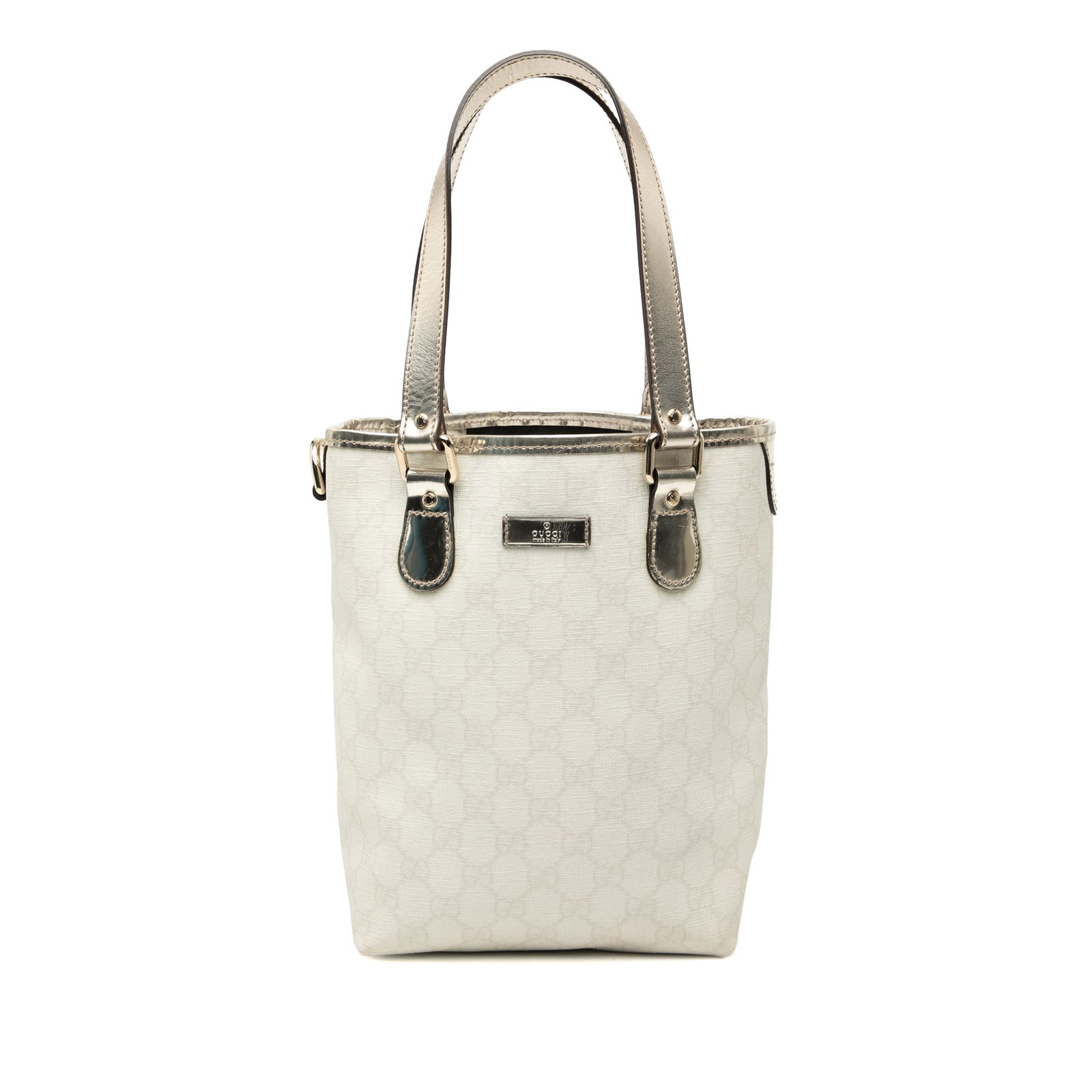 Gucci GG Supreme coated canvas tote bag: Gucci GG Supreme coated canvas tote bag This Gucci GG Supreme Tote is crafted from coated canvas with leather trim and features flat leather handles. It has an open top with a snap button closure and 