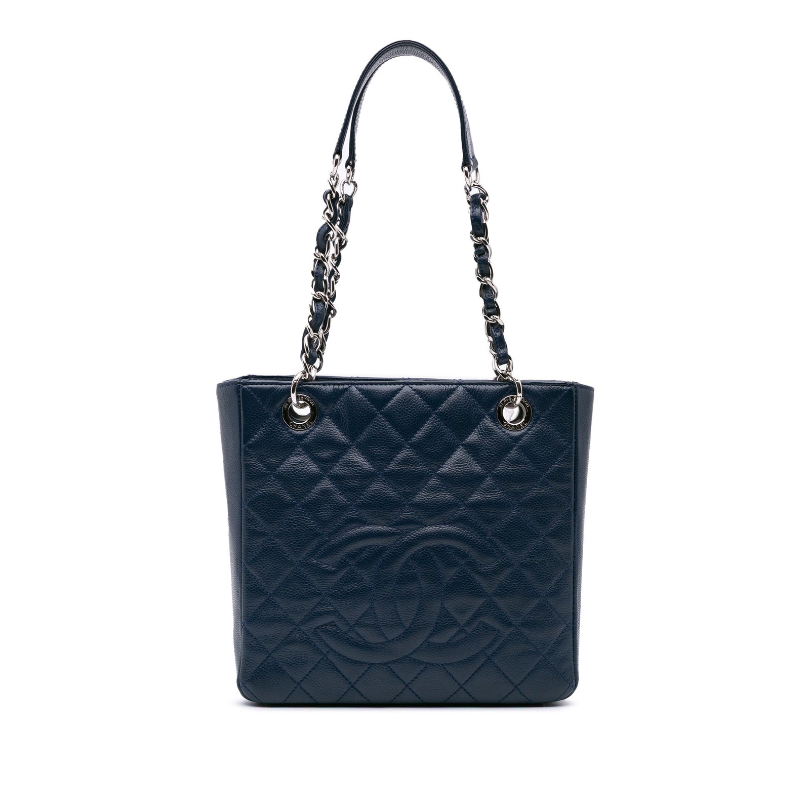 Chanel blue quilted caviar leather tote handbag: Chanel blue quilted caviar leather tote handbag This Chanel Caviar Petite Shopping Tote features a quilted caviar leather exterior in blue, complemented by woven leather chain handles with a leather g