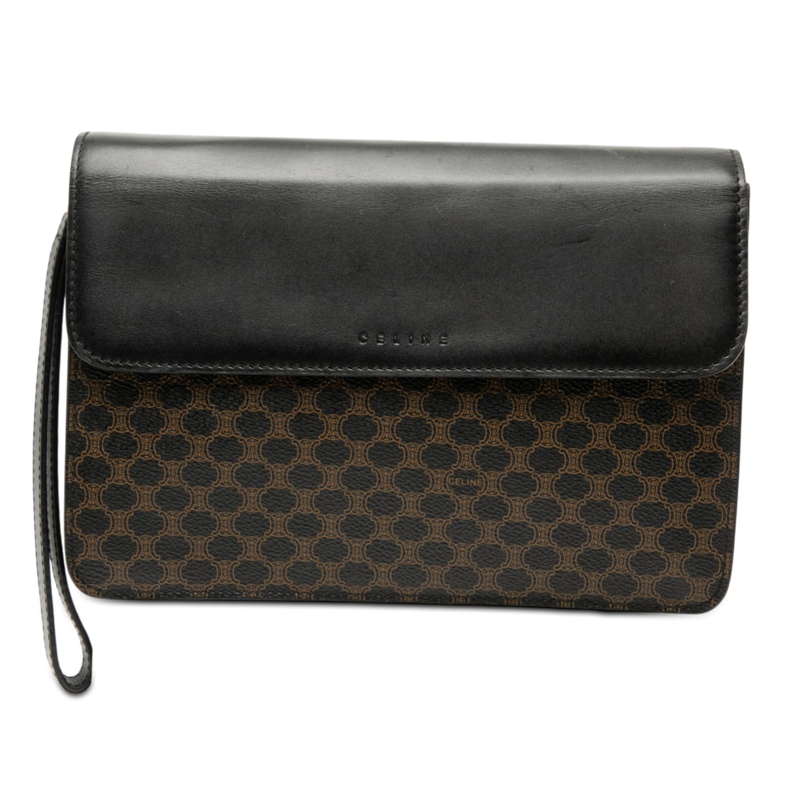 Celine Macadam brown leather canvas wristlet clutch: Celine Macadam brown leather canvas wristlet clutch This Celine Macadam clutch features a brown coated canvas and leather body, complemented by a flat leather wrist strap. The design includes a front 